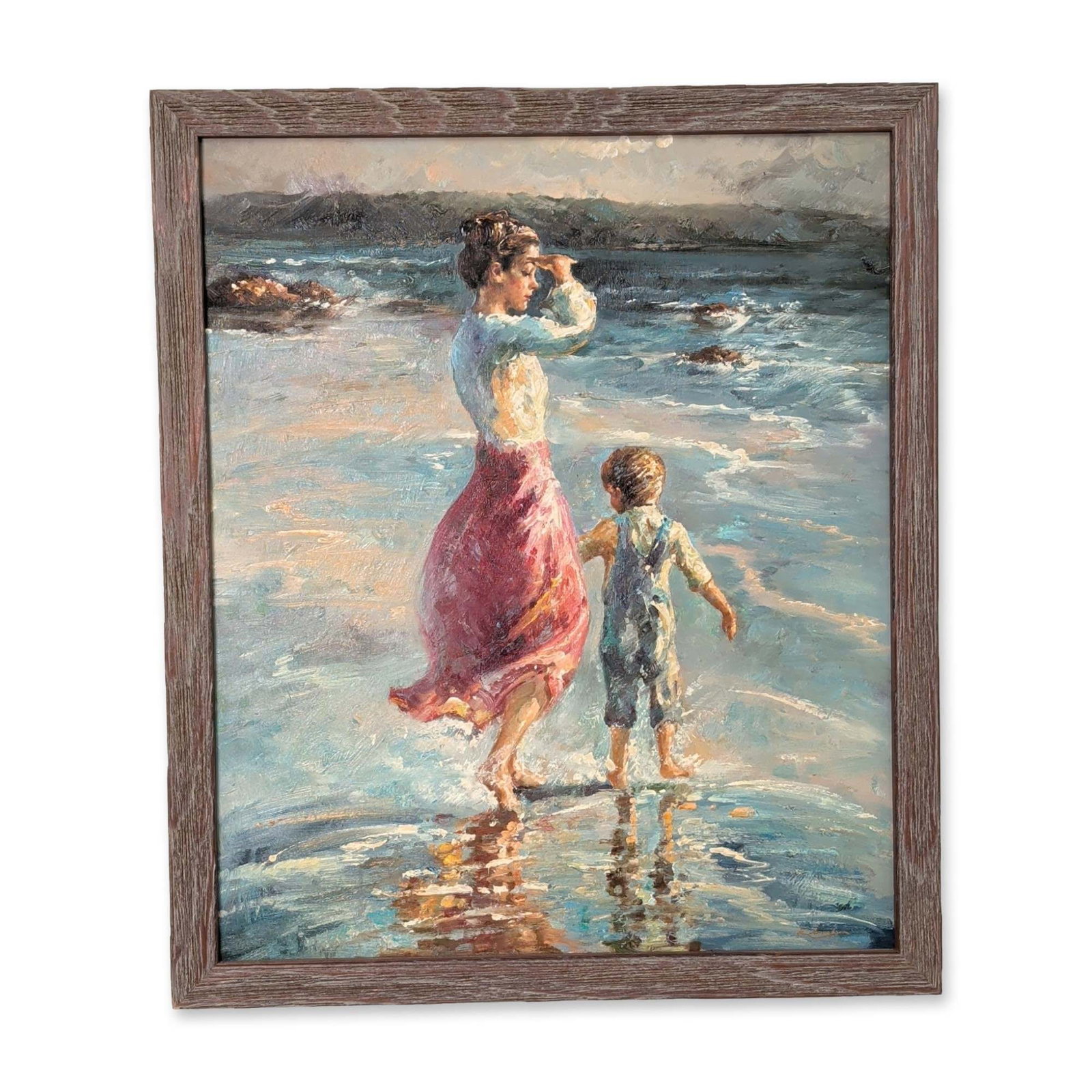 Impressionist Oil on Canvas Painting, Mother and Child on the Seaside, Signed: Impressionist seaside genre scene in oil on canvas, depicting a woman in a magenta skirt and a young boy in blue overalls wading in the surf. The composition utilizes a heavy impasto technique with th