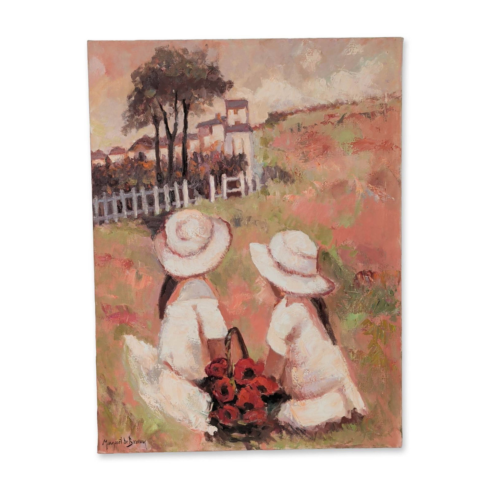 Margaret de Barany (20th-21st Century) Impressionist Oil on Canvas, Children at Play, Signed: Impressionist oil on canvas depicting two young girls in wide-brimmed sunhats and white dresses within a garden landscape. The composition features one figure holding a basket of red flowers near a ru