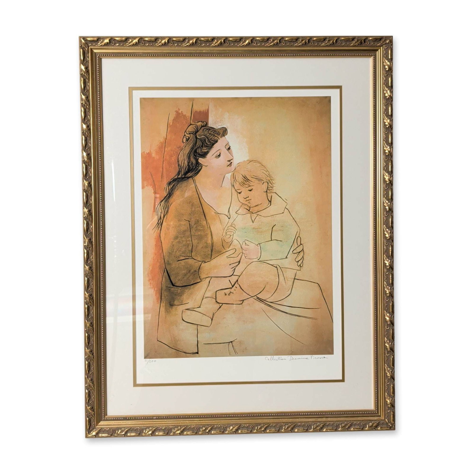 After Pablo Picasso (Spanish, 1881-1973), Giclee on Paper, Maternity, Numbered & COA: Domaine Picasso limited edition color giclee print on Arches 356-gram watercolor paper after the 1922 painting by Pablo Picasso. The neoclassical composition depicts a mother and child in a tender emb