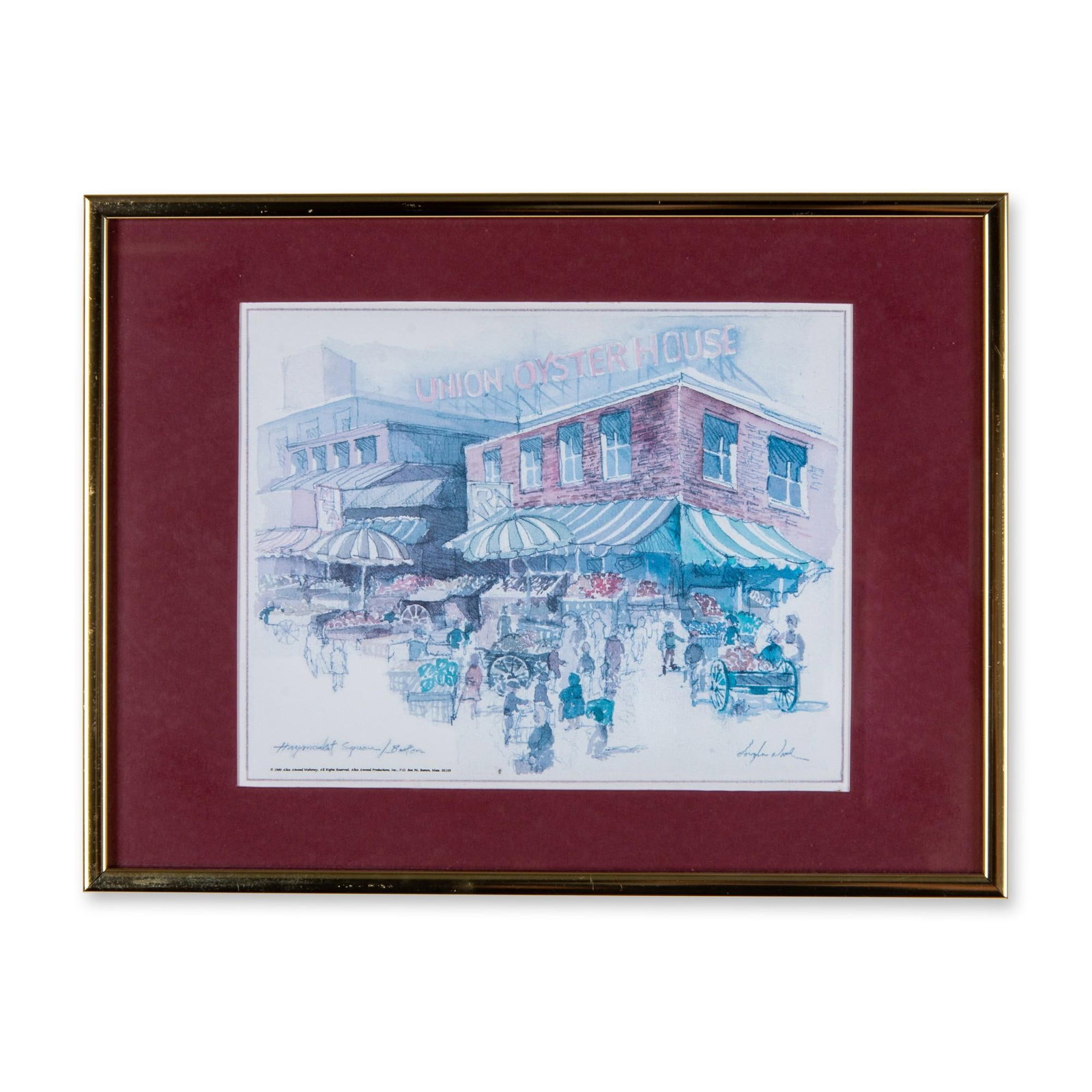 After Douglas Alvord, Color Lithograph, Union Oyster House: A decorative wall-art offering centered on After Douglas Alvord, Color Lithograph, Union Oyster House, with subject matter suited to collectors and interior display. A vintage watercolor lithograph on