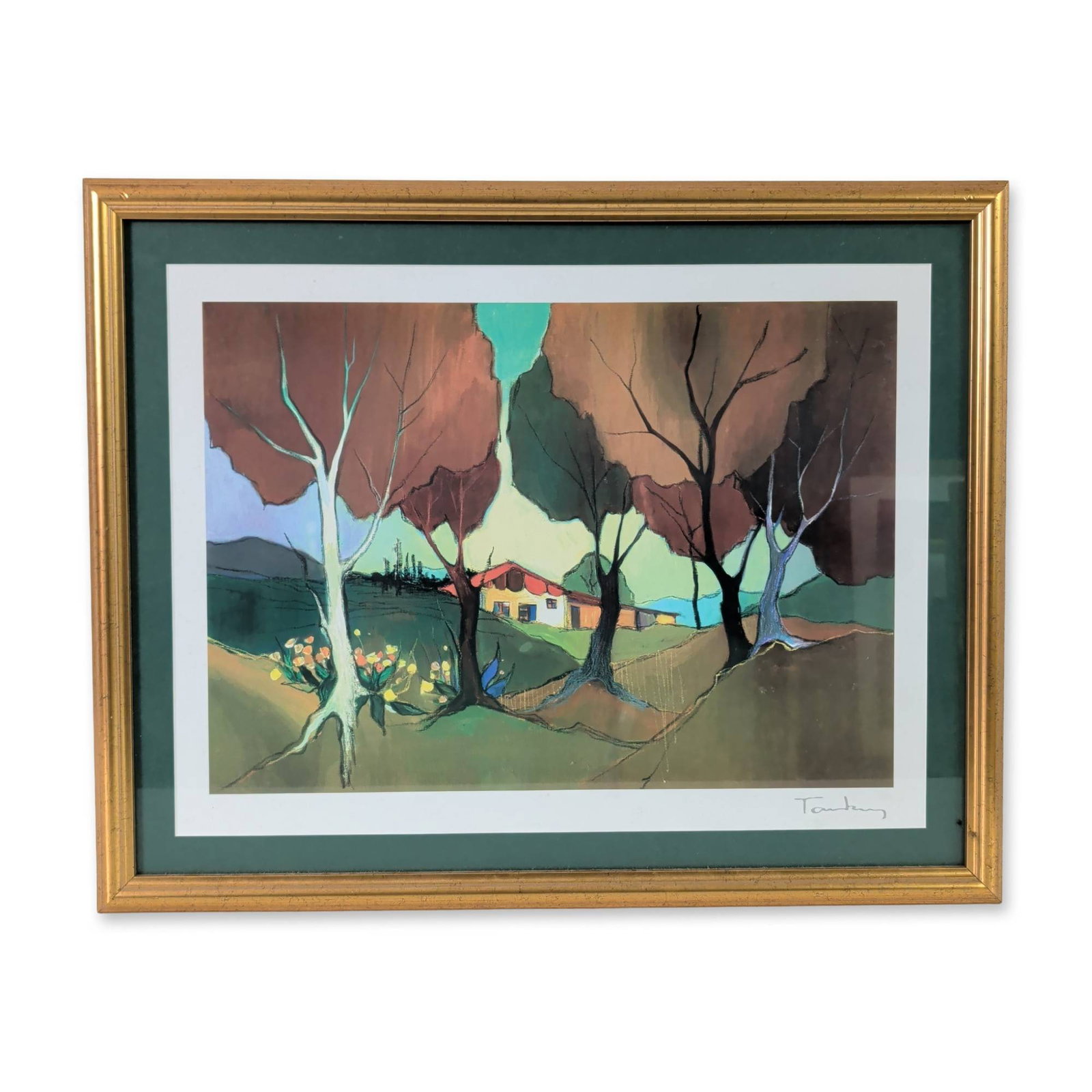 Itzchak Tarkay (Israeli, 1935-2012) Seriolithograph on Paper, Jamestown Cottage: Itzchak Tarkay seriolithograph on paper featuring a stylized yellow house with a red-orange roof nestled between dark, expressive trees. The composition includes undulating fields and hills rendered i