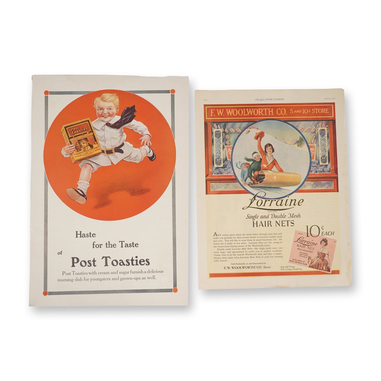 2-Piece Vintage Magazine Ads, Lorraine Hair Net 1922 & Post Toasties 1913: A reference and reading group centered on 2-Piece Vintage Magazine Ads, Lorraine Hair Net 1922 & Post Toasties 1913. Pair of original vintage magazine advertisements from the early 20th century. The f