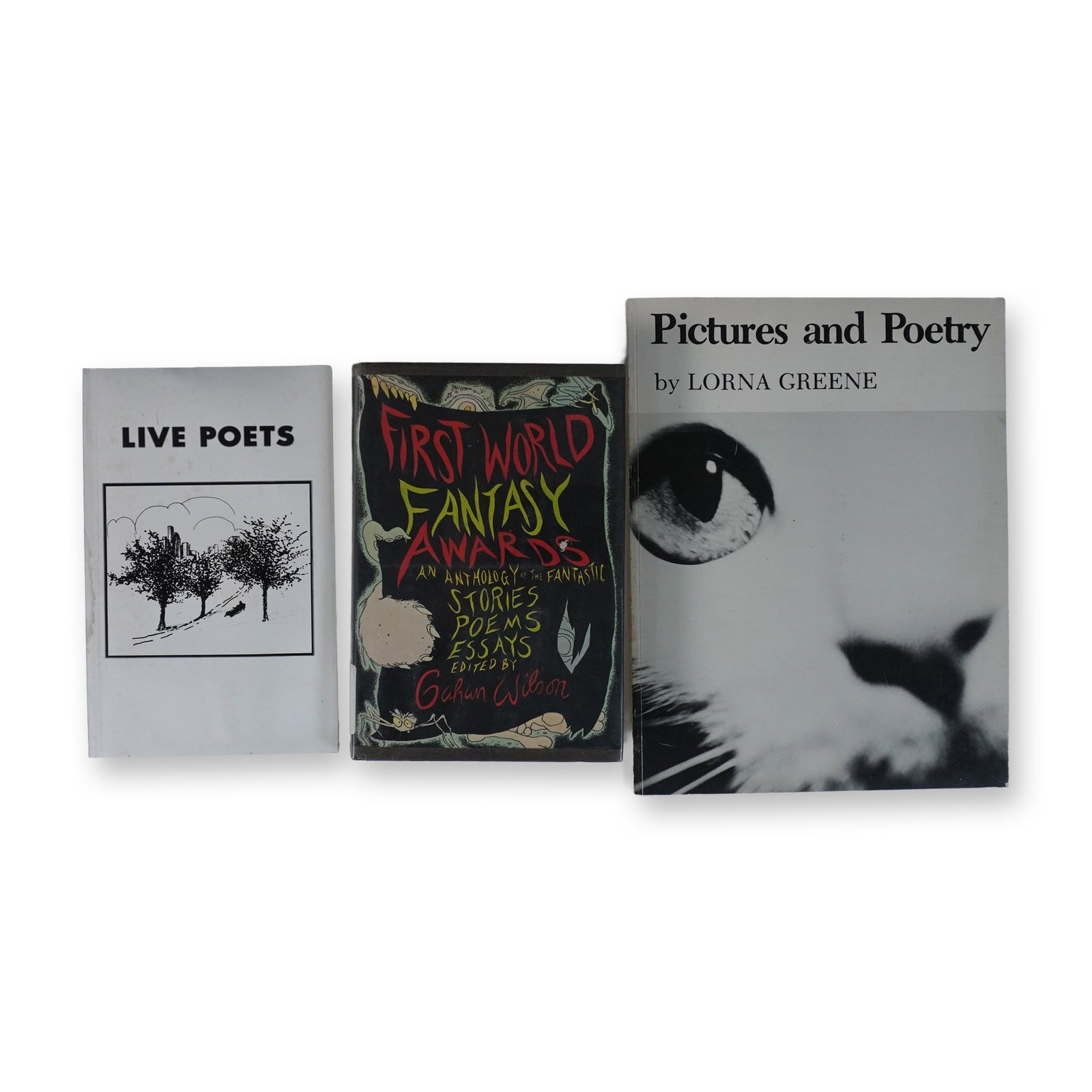 3 Poetry and Fantasy Books: A reference and reading group centered on 3 Poetry and Fantasy Books. Titles including: Pictures and Poetry by Lorna Greene, autographed by the author. (1978); First World Fantasy Awards edited by Gah