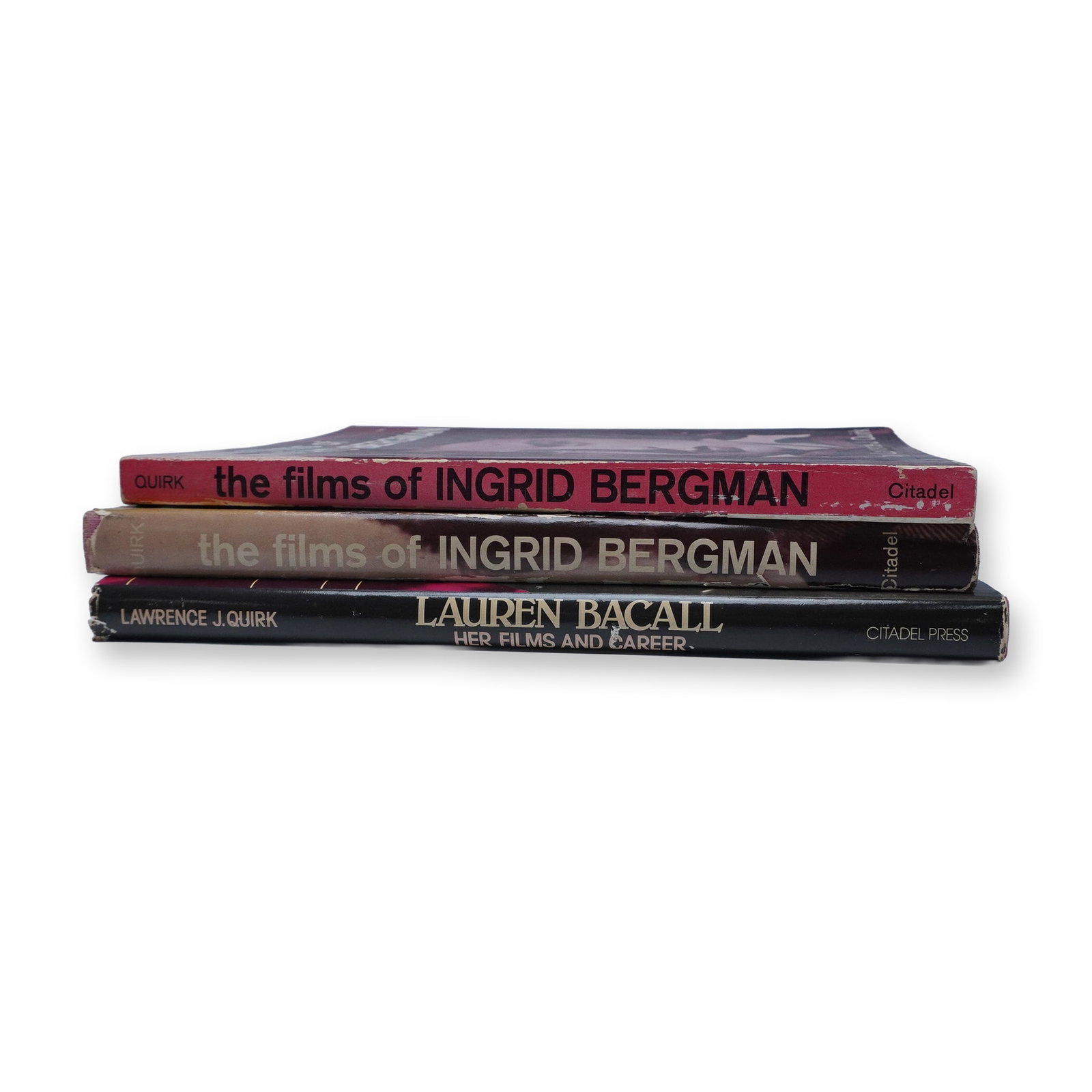3-Piece Citadel Press Film Books, Ingrid Bergman & Lauren Bacall: A reference and reading group centered on 3-Piece Citadel Press Film Books, Ingrid Bergman & Lauren Bacall. A set of three vintage film books by Lawrence J. Quirk, published by Citadel Press, showcasi
