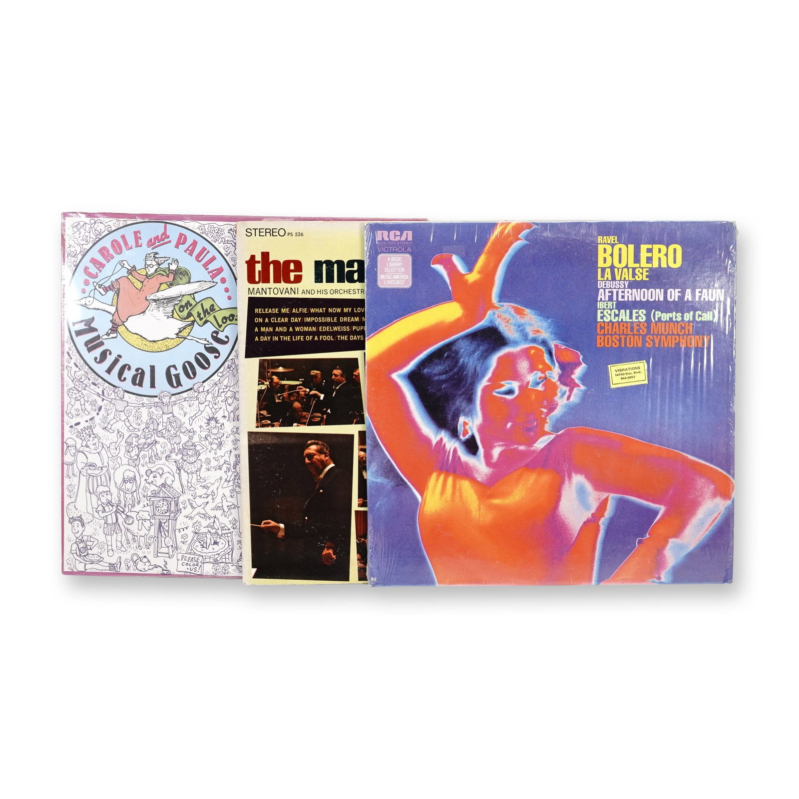 3-Piece Vintage Vinyl LP Records Carole & Paula Mantovani, Boston Symphony & Goose: A presentation of 3-Piece Vintage Vinyl LP Records Carole & Paula Mantovani, Boston Symphony & Goose, emphasizing the performer, label, genre, and vintage media appeal. A set of three vintage vinyl LP