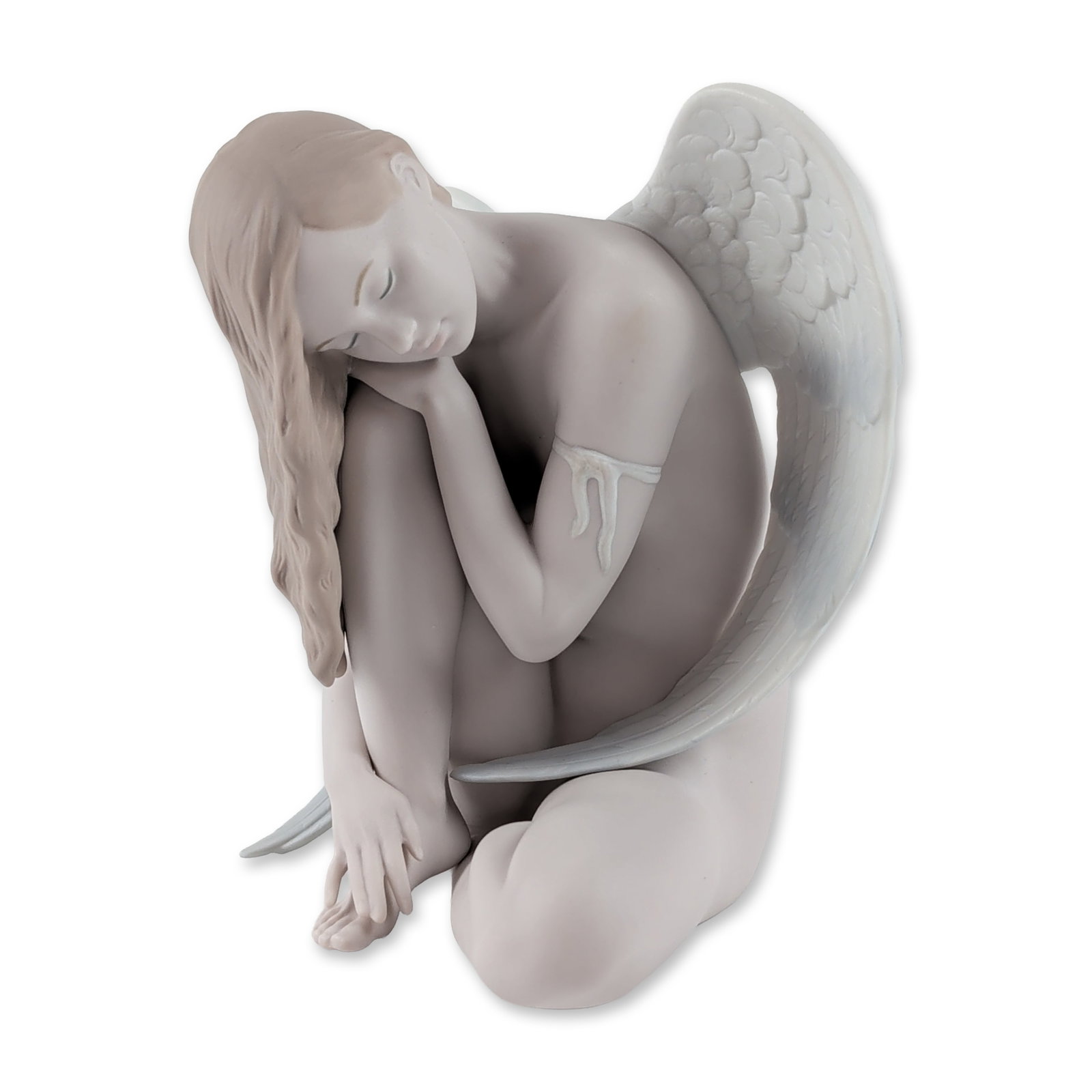 Lladro Wonderful Angel Matte Porcelain Figurine: Lladro. Wonderful Angel figurine in matte porcelain, model number 8236. The piece features a winged female figure in a tucked, kneeling pose with feathered wings and a decorative band on the upper rig
