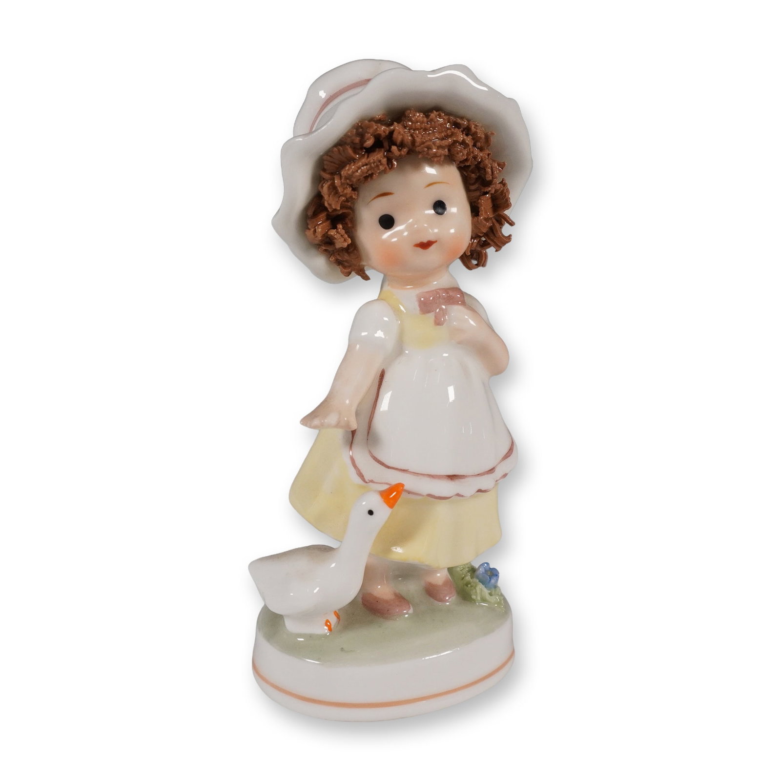 Napco Ware Bone China Figurine, Girl with Goose: A collectible highlighting Napco Ware Bone China Figurine, Girl with Goose. A vintage Napco Ware bone china figurine showcasing a young girl in a yellow dress with a white apron and a wide-brimmed hat