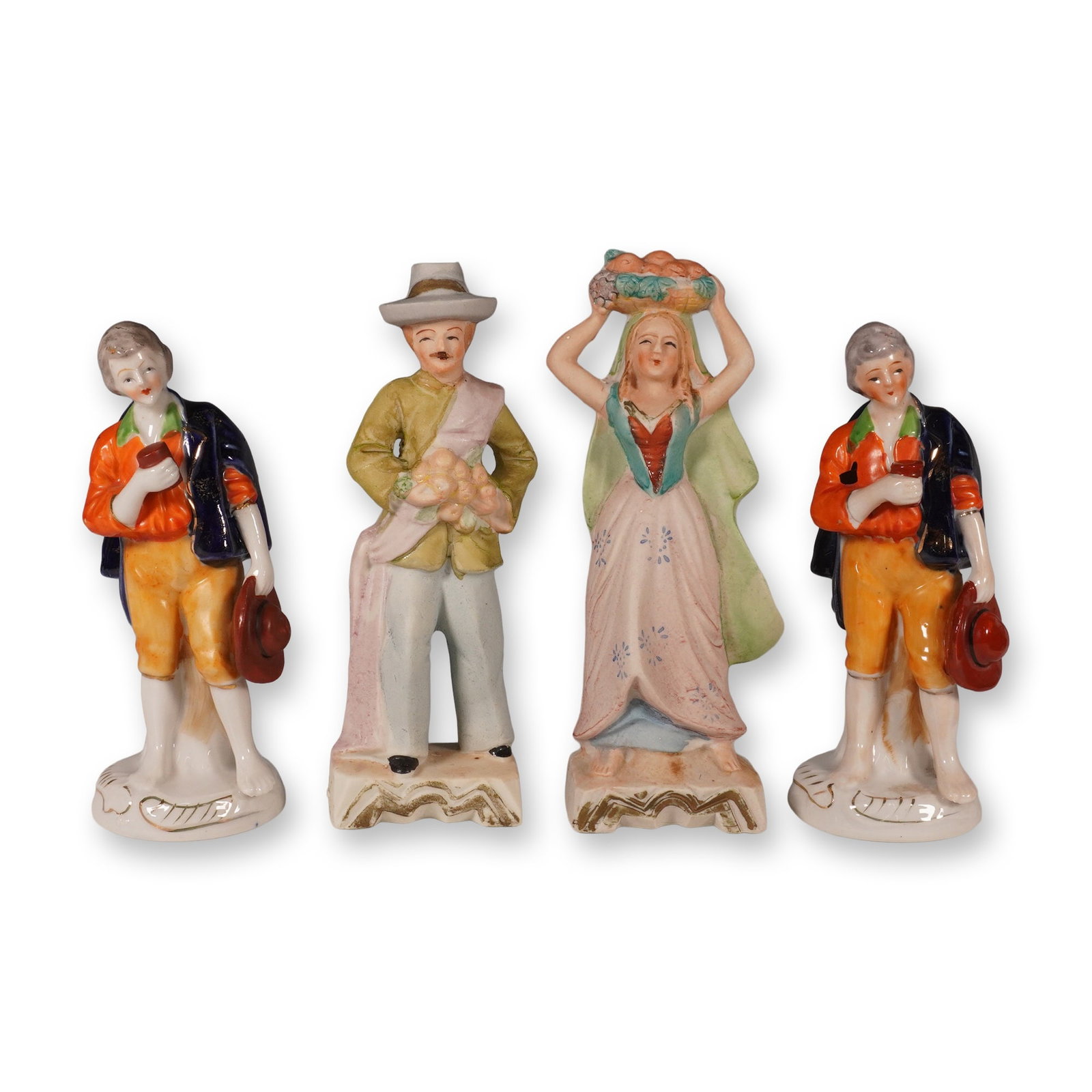 4-Piece Occupied Japan Hand-Painted Porcelain Figurine Set: A collectible highlighting 4-Piece Occupied Japan Hand-Painted Porcelain Figurine Set. Delightful set of four hand-painted porcelain figurines showcasing three gentlemen and one lady in period attire.