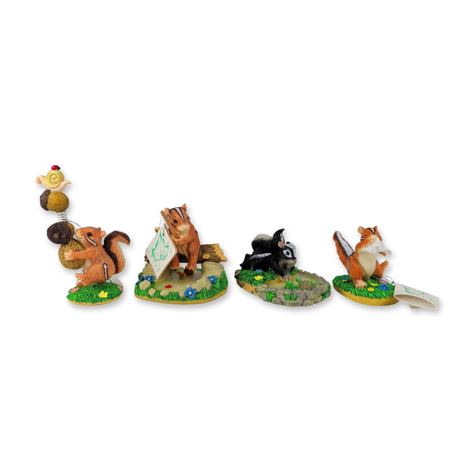 4pc Charming Tails Resin Figurines: Dean Griff for Silvestri. Set of four animal figurines from the Charming Tails collection, cast in painted resin. The group features whimsical scenes including Aah-Choo, Get Well Soon (89/624), Take T