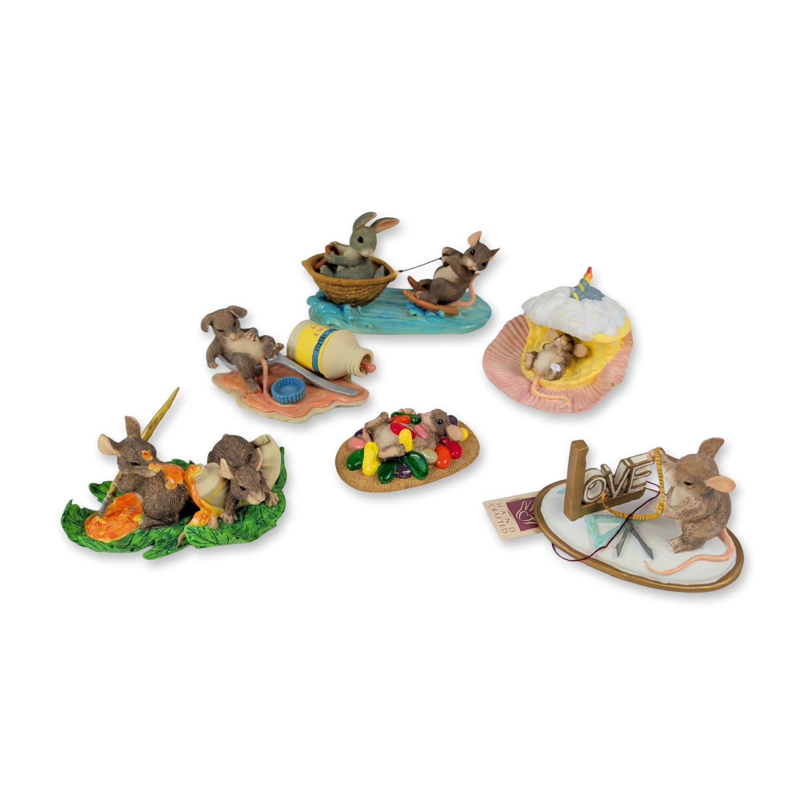 6pc Charming Tails Dean Griff Figurines: Collection of six hand-painted cold-cast resin figurines from the Charming Tails series designed by Dean Griff, produced by Silvestri and Fitz and Floyd. The assortment features anthropomorphic mice a
