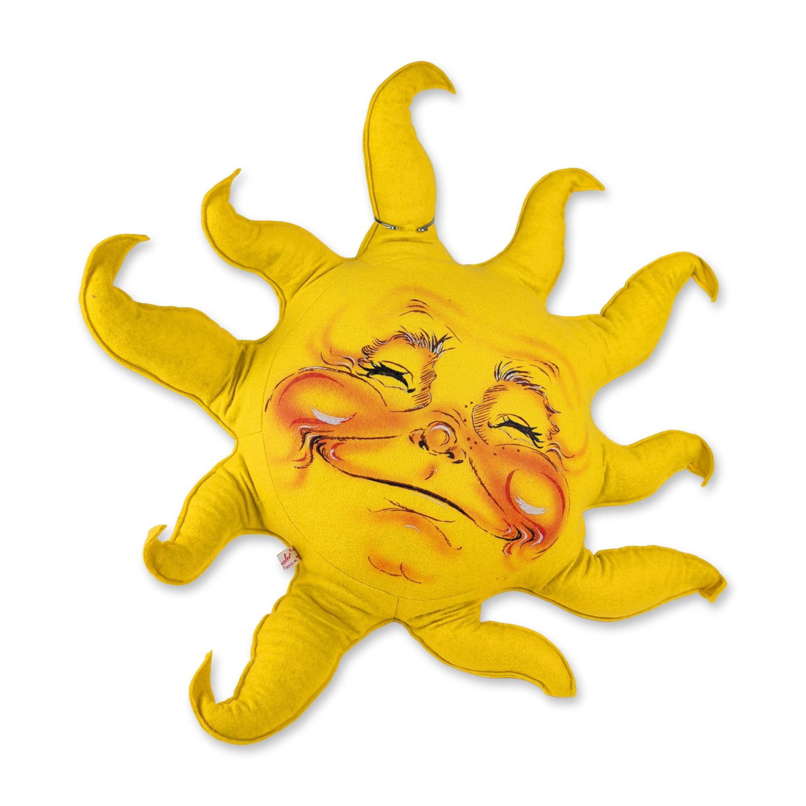 Annalee Mobilitee Dolls Felt Sun Mobile: Annalee Mobilitee Dolls, Inc. vintage sun-shaped wall hanging in yellow felt, featuring hand-painted facial features on both sides. The design includes squinting blue eyes, prominent eyelashes, blushe