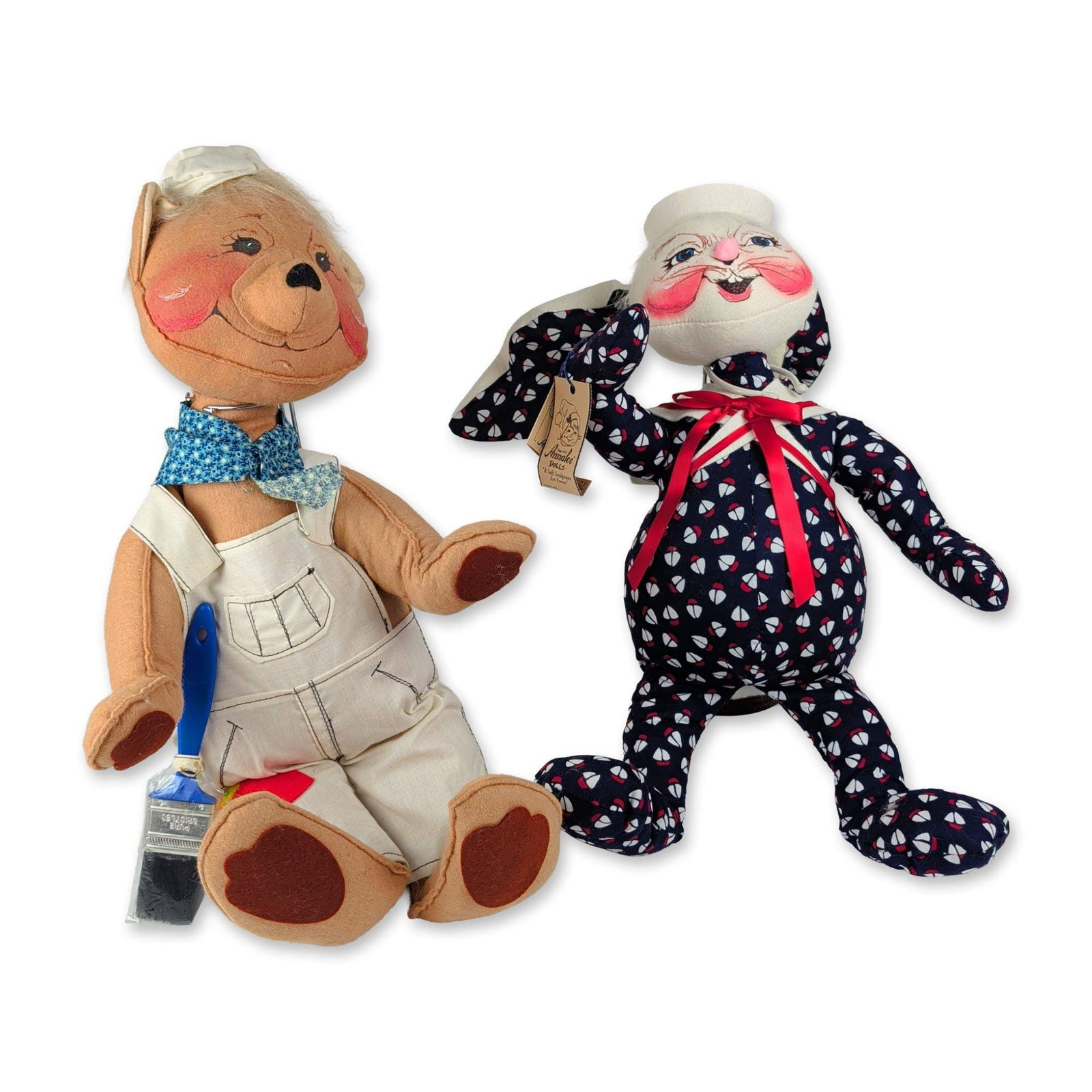 2pc Annalee Dolls Sailor Rabbit and Painter Bear Pair: Annalee Mobilitee Dolls, Inc. pair of hand-painted soft-sculpture dolls. The group consists of a sailor rabbit in navy blue sailboat pattern fabric with a white sailor hat and red ribbon bowtie, and a