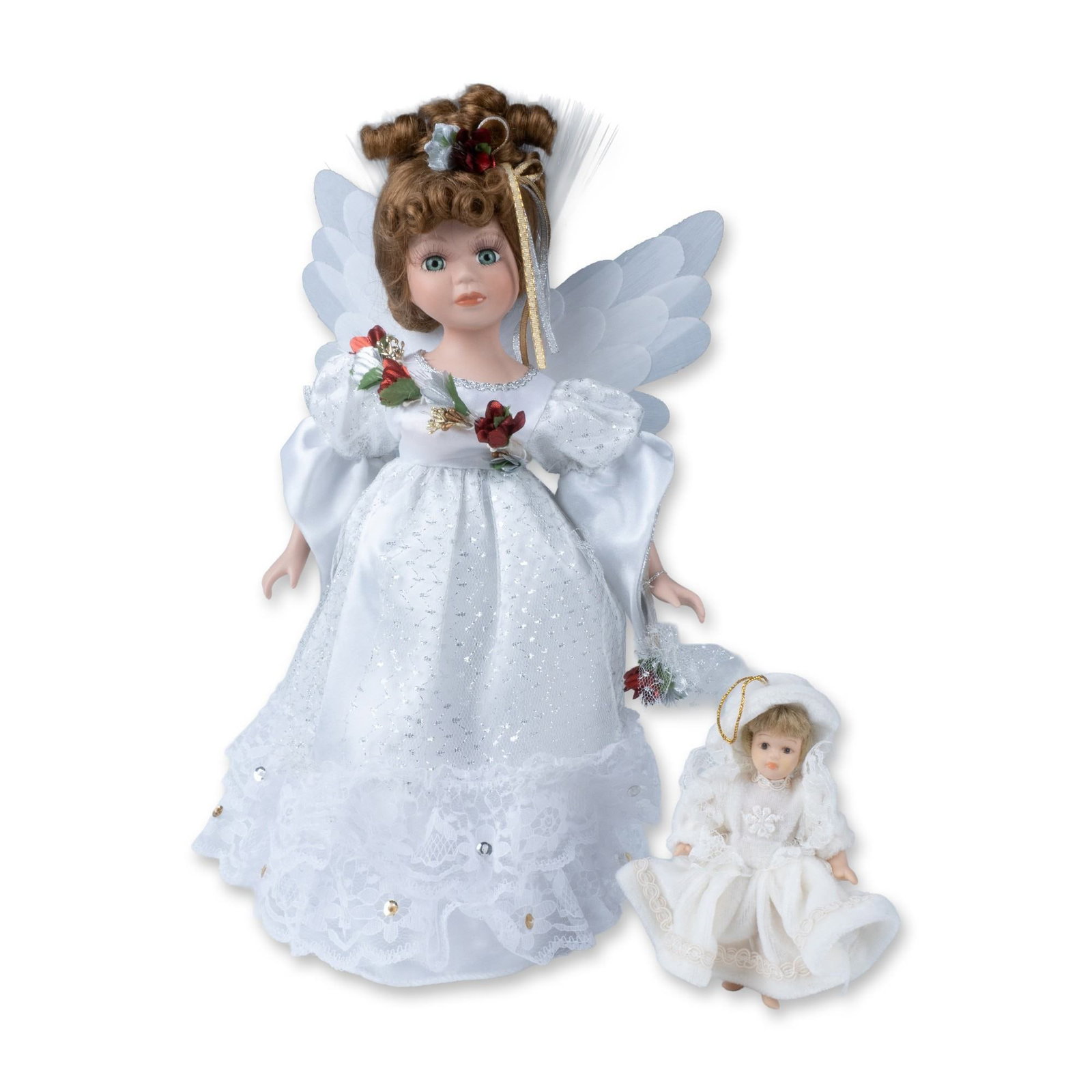 2-Piece Holiday Porcelain Doll & Ornament: A collectible highlighting 2-Piece Holiday Porcelain Doll & Ornament. Lot comprises small porcelain, hand painted doll ornament dressed in winter white and battery-operated fiber optic angel dressed i