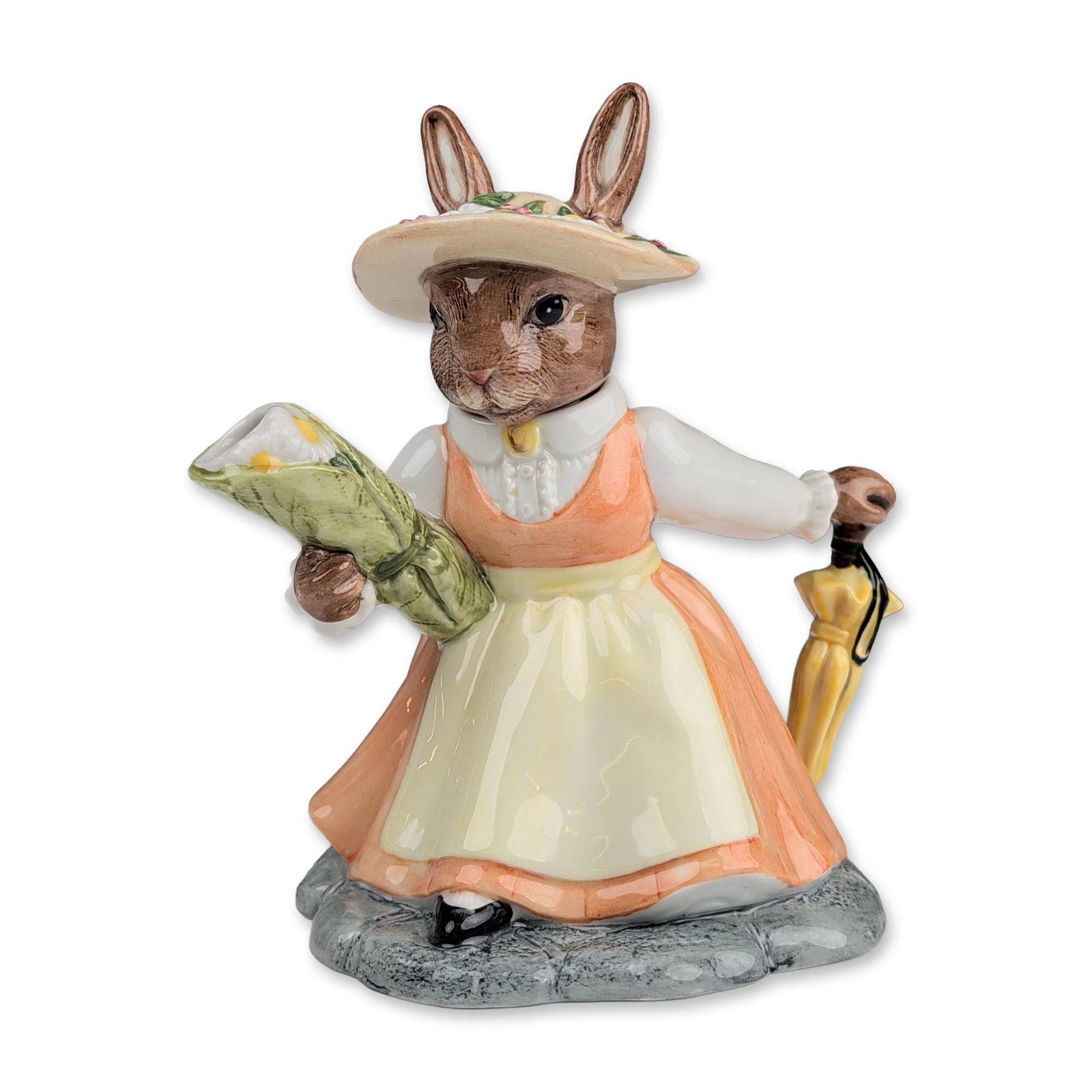 Royal Doulton Bunnykins Lady of the Manor Teapot: Royal Doulton, England. Miniature porcelain teapot from the Bunnykins Country Manor Teaset series, titled Lady of the Manor. Hand-decorated glazed porcelain figure of a female rabbit in an orange and 