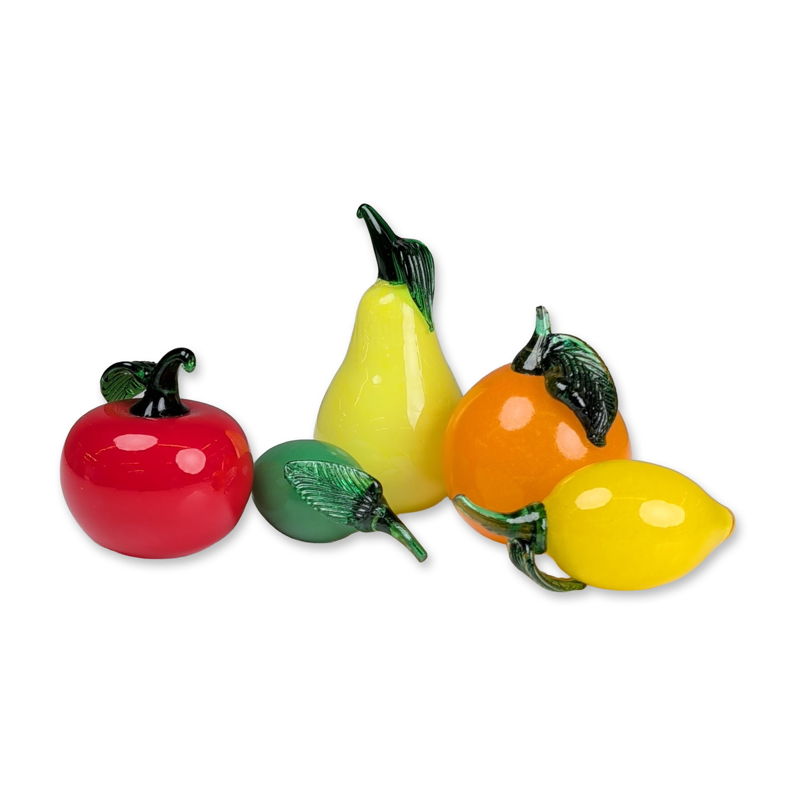 5pc Art Glass Fruit Figurines: Collection of five hand-blown glass fruits in vibrant opaque glass, including lemon, orange, pear, apple, and lime forms. Each piece features applied translucent forest green glass stems and textured 