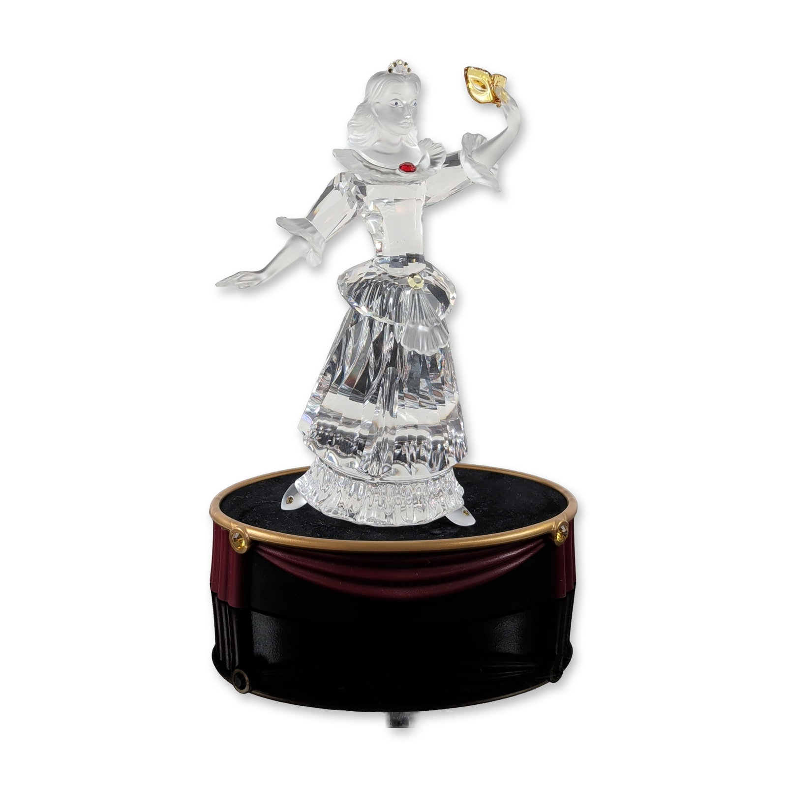 2pc Swarovski Crystal 2000 Columbine Masquerade Figurine with Base: Swarovski Crystal Society (SCS) 2000 Annual Edition. Figurine titled Columbine from the Masquerade trilogy in faceted and frosted crystal, featuring a female dancer in a dynamic pose with a multi-tier