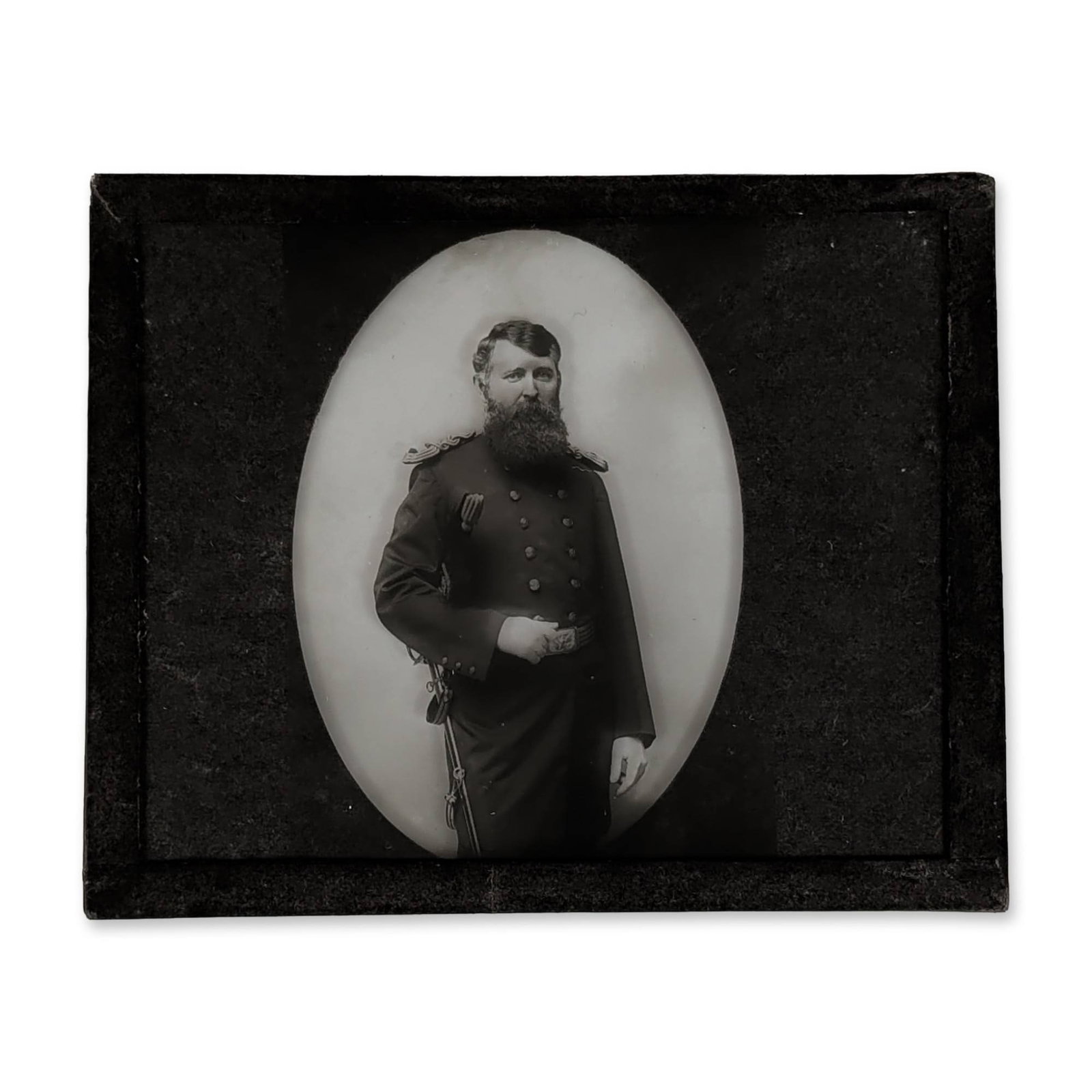 Duluth Helvetics President Glass Magic Lantern Slide: Late 19th-century glass magic lantern slide featuring a three-quarter length portrait of a bearded man in an ornate military-style uniform. The subject is depicted wearing prominent epaulettes and a s