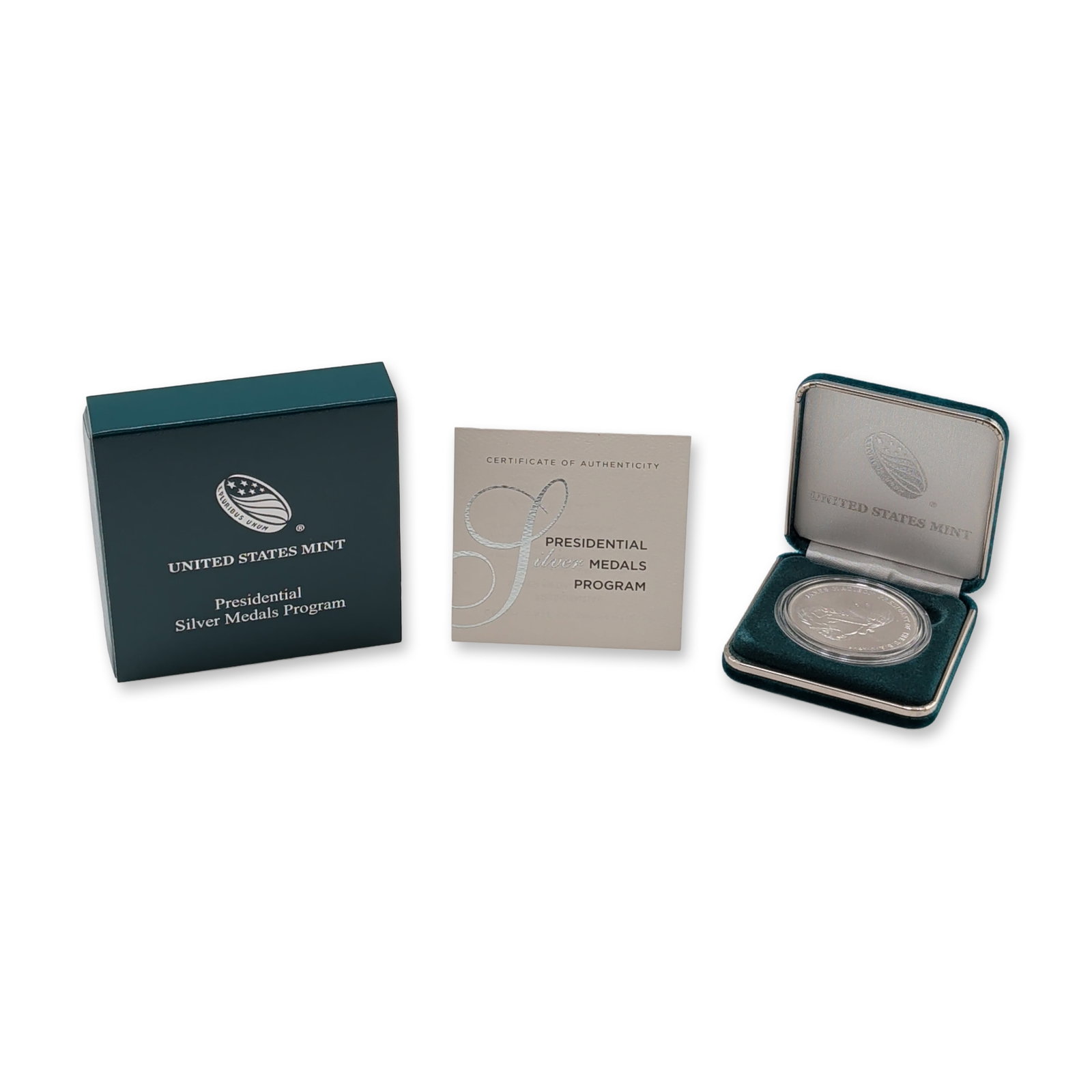 US Mint James Madison Fine Silver Medal: US Mint James Madison Presidential Silver Medal in 99.9% fine silver, part of the Presidential Silver Medals Program. The medal features a profile bust of the fourth US president on the obverse with t