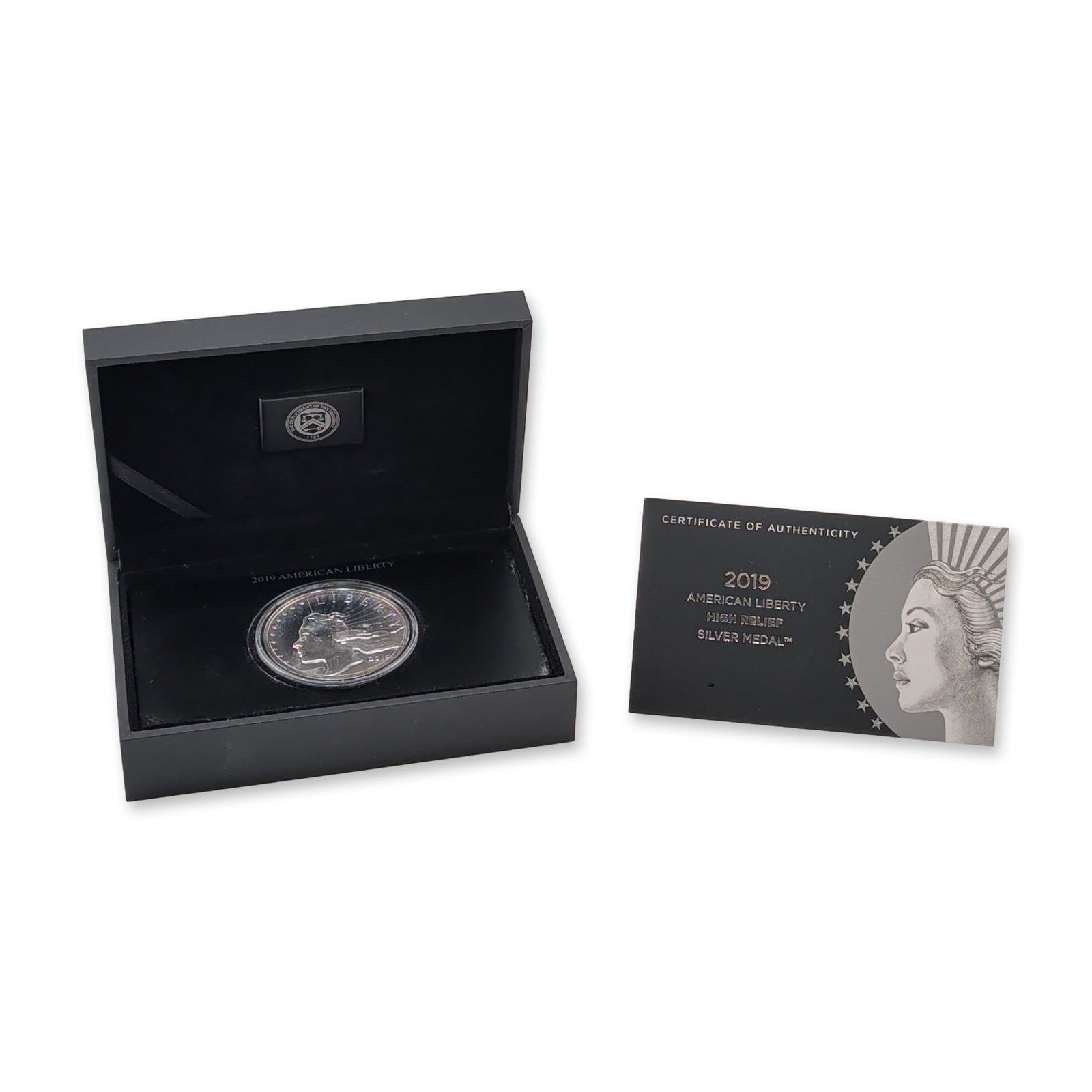 2019 US Mint American Liberty High Relief Silver Medal: 2019 US Mint American Liberty high relief silver medal, struck at the Philadelphia Mint in .999 fine silver with a matte finish. Obverse features a contemporary profile of Liberty with the P mint mark