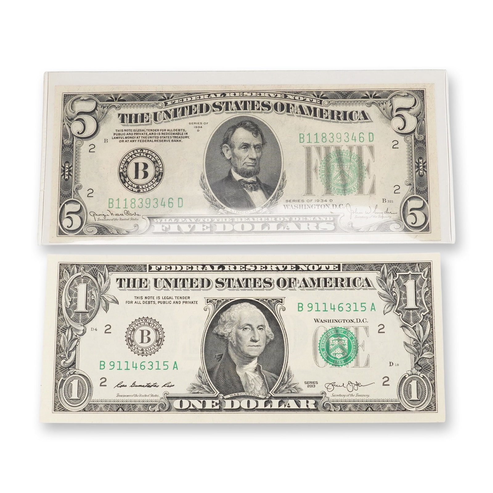 2pc 1934D, 2013 U.S. Federal Reserve One & Five Dollars Note: Federal Reserve Notes including one Series 1934D five dollar bill and one Series 2013 one dollar bill. The 1934D five dollar note features the portrait of Abraham Lincoln with green Treasury seal and 