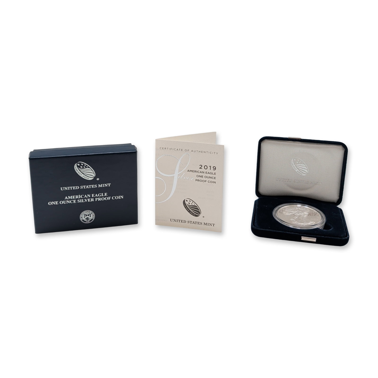 2019-W United States Mint American Eagle Silver Once Ounce Proof Coin: 2019 US Mint West Point issue. American Eagle one ounce silver proof coin struck in .999 fine silver. Walking Liberty obverse and Heraldic Eagle reverse with "W" mint mark. Housed in original governme