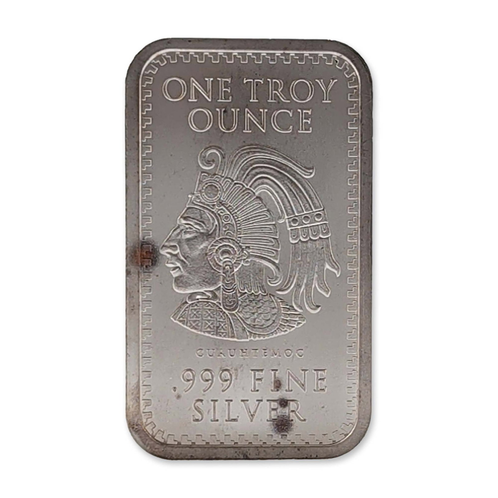 Golden State Mint Cuauhtemoc Aztec Calendar .999 Silver Bullion Bar: Golden State Mint .999 fine silver bullion bar. The obverse features the profile of Aztec ruler Cuauhtemoc in a traditional feathered headdress, flanked by inscriptions for weight and fineness. The re