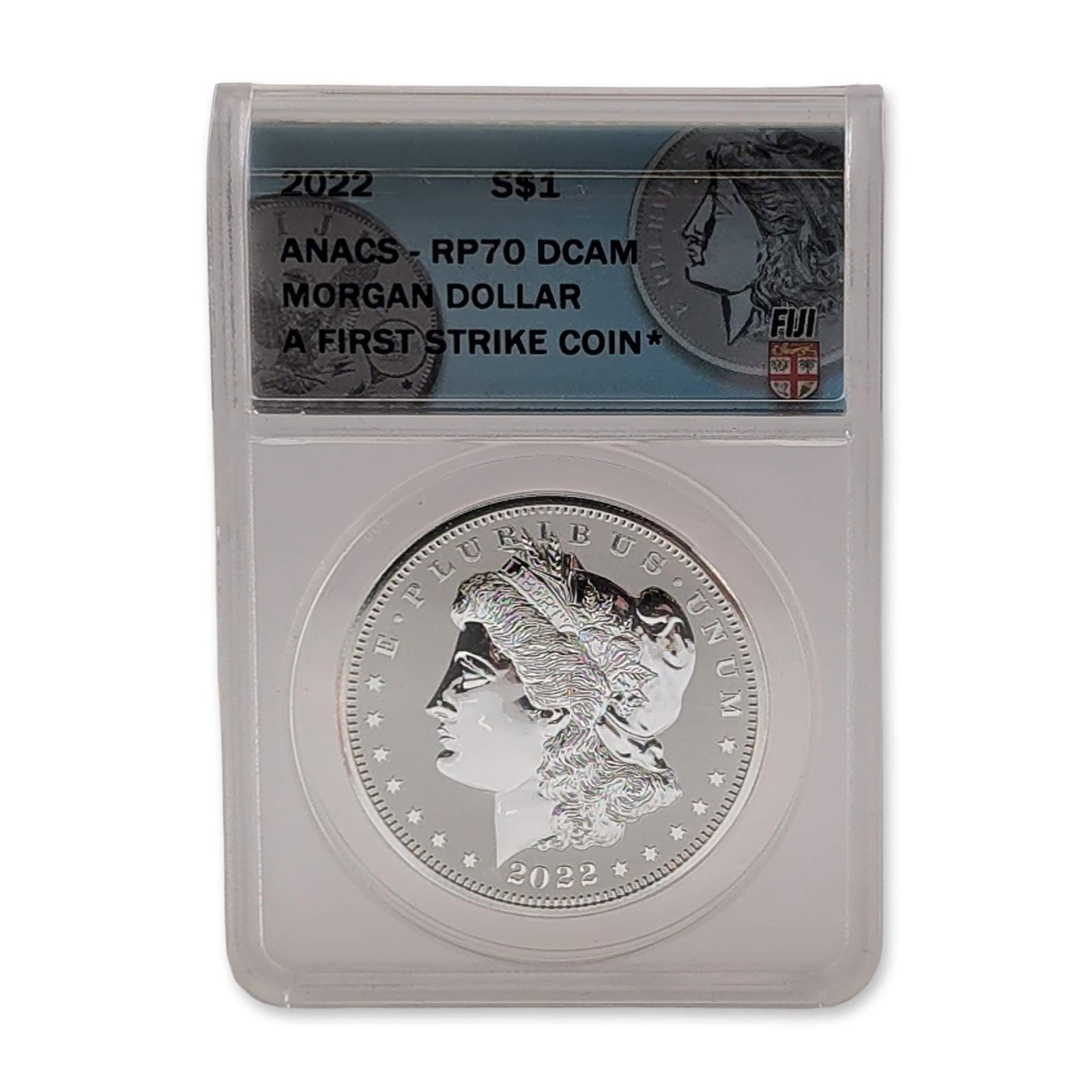 2022 Fiji Morgan Dollar Silver Coin: 2022 Fiji, Morgan Dollar tribute style. One dollar coin in silver-colored metal, featuring a Reverse Proof finish with frosted fields and mirrored devices. Obverse displays a profile portrait of Liber