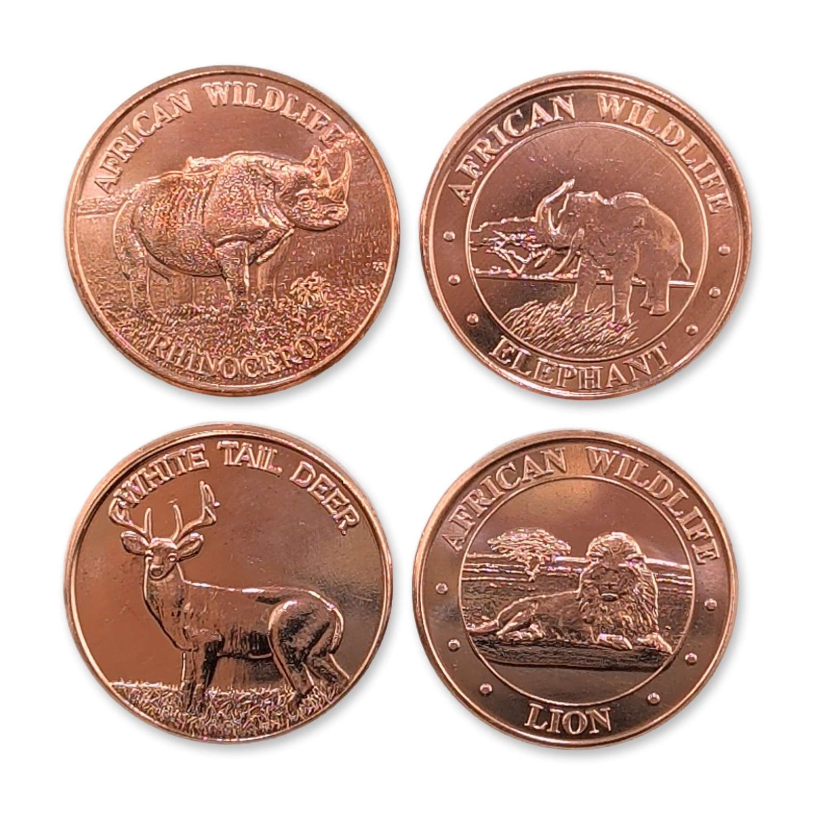 4pc American Wildlife US Copper Bullion Rounds: Group of four private-issue US bullion rounds struck in .999 fine copper. Obverse designs feature three motifs from the African Wildlife series depicting a rhinoceros, elephant, and lion, alongside a 