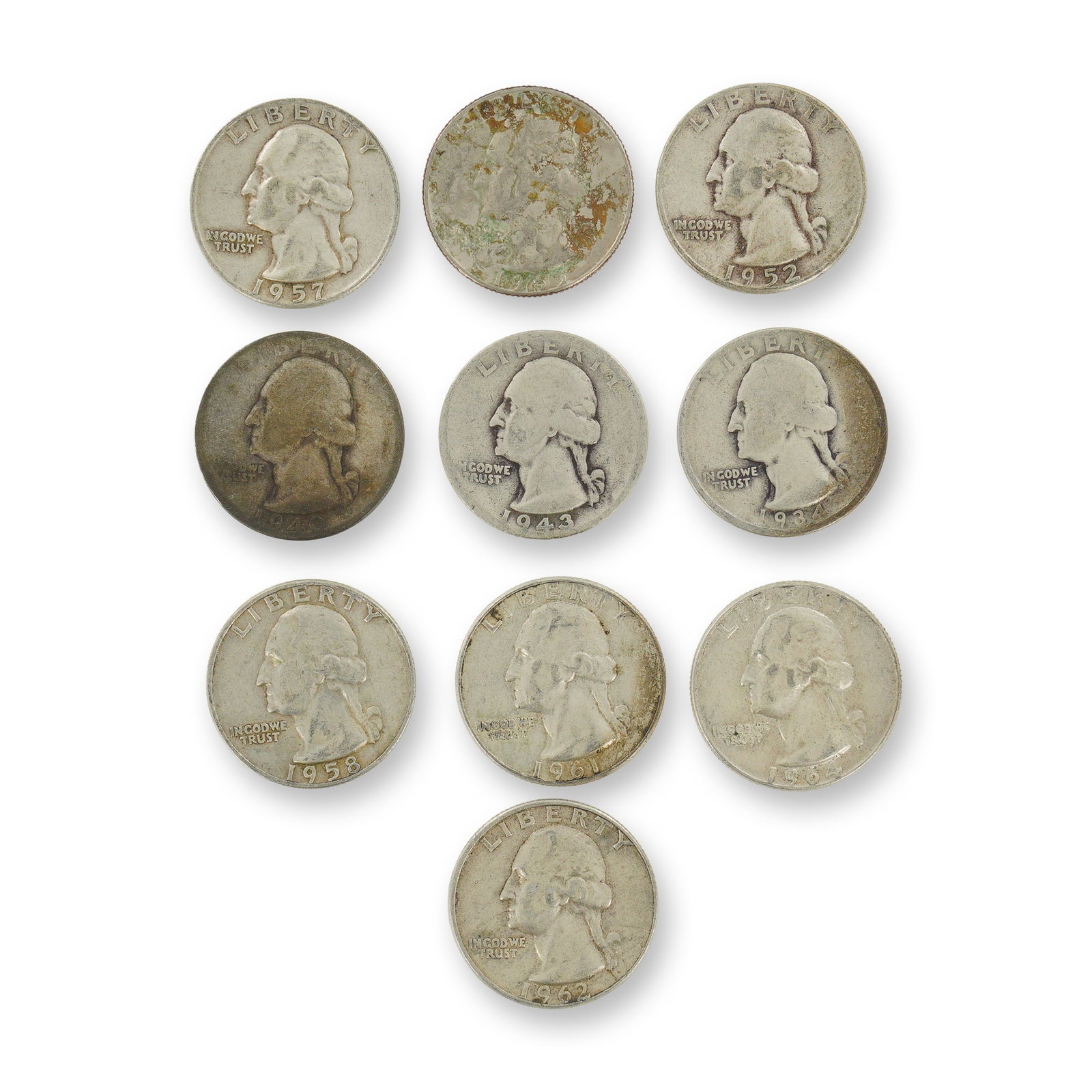 10pc Collection of US Silver Washington Quarters,1934-1963 (1 of 2)