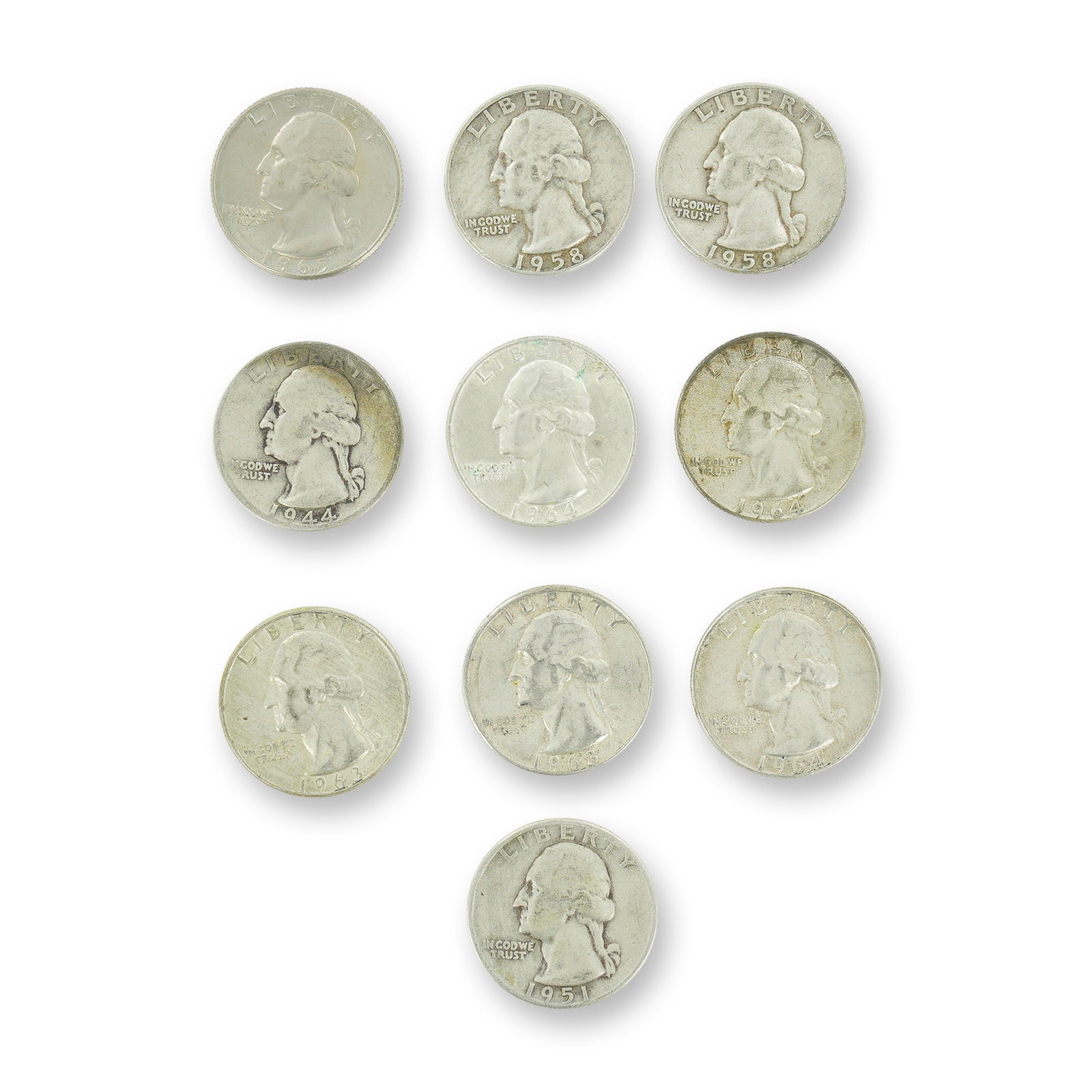 10pc Pre-1964 U.S. 90% Silver Washington Quarters: A collection of US Washington quarters struck in 90% silver. This mixed date bag of coins includes specimens with dates ranging from 1944 to 1964, specifically featuring the years 1944, 1951, 1954, 19