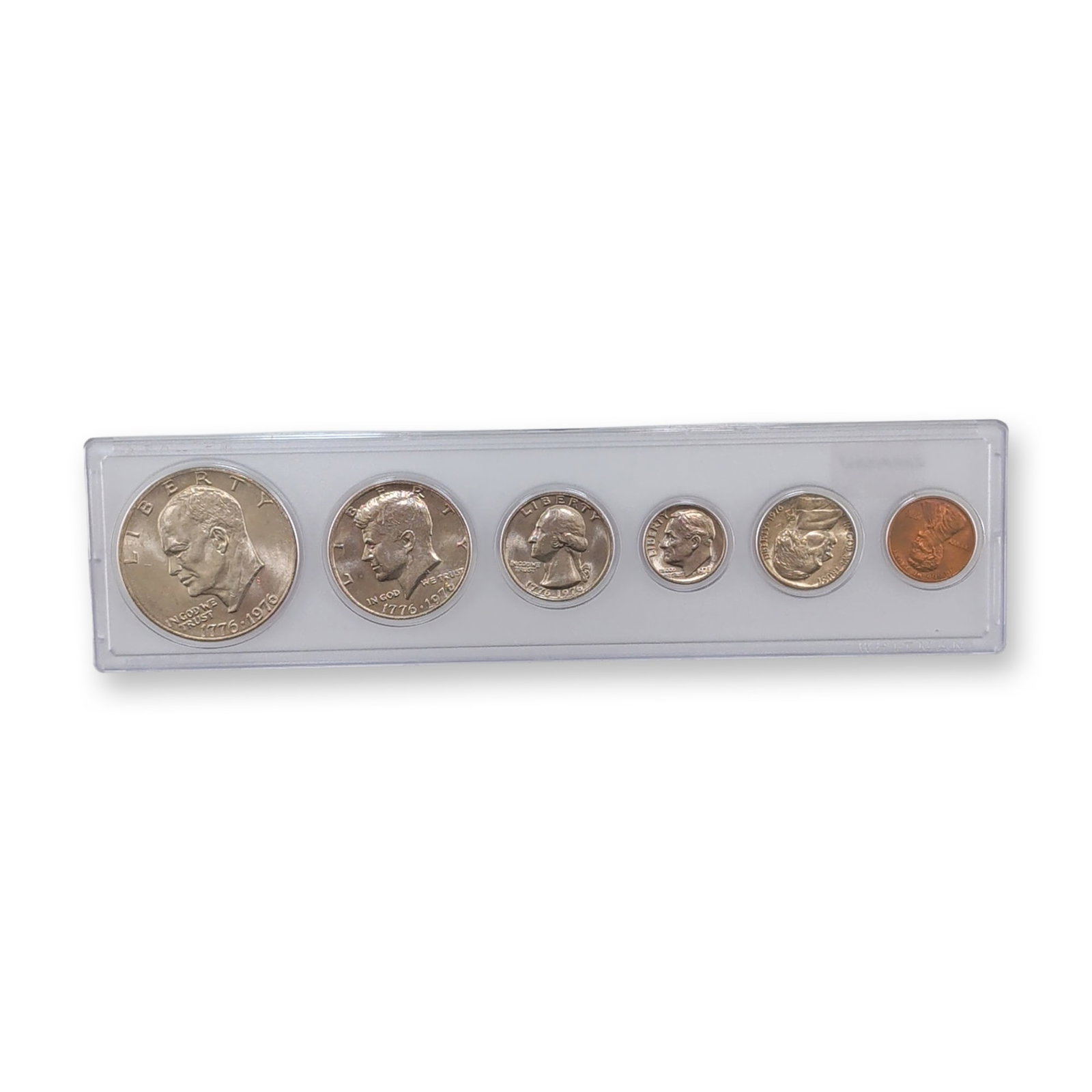 1976 US Bicentennial Proof Coin Set: 1976 United States Bicentennial proof set, San Francisco Mint. The collection includes six denominations: Lincoln cent, Jefferson nickel, Roosevelt dime, Washington quarter, Kennedy half dollar, and E