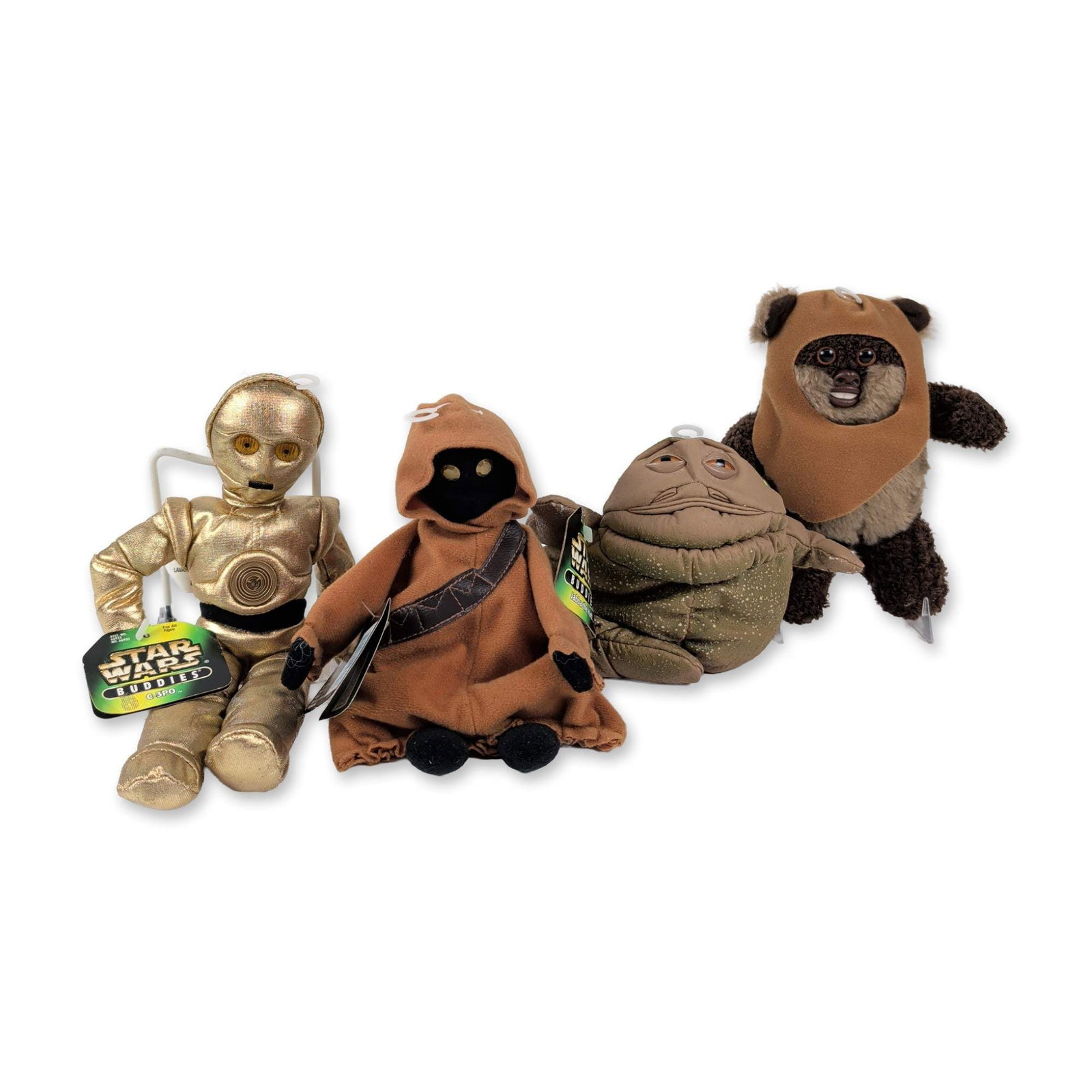 Set of Four Kenner Star Wars Buddies Plush Figures: Kenner, 1997. Group of four Star Wars Buddies bean-bag style plush figures including C-3PO, Jawa, Jabba the Hutt, and Wicket the Ewok. The figures are constructed from various materials including meta