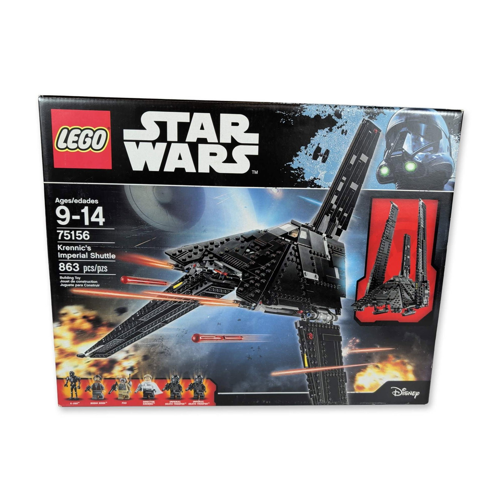 LEGO Star Wars 75156 Krennic's Imperial Shuttle: LEGO Star Wars construction set, Krennic's Imperial Shuttle, set number 75156. Plastic building toy based on Rogue One: A Star Wars Story, featuring folding wings, an opening cockpit, accessible inter