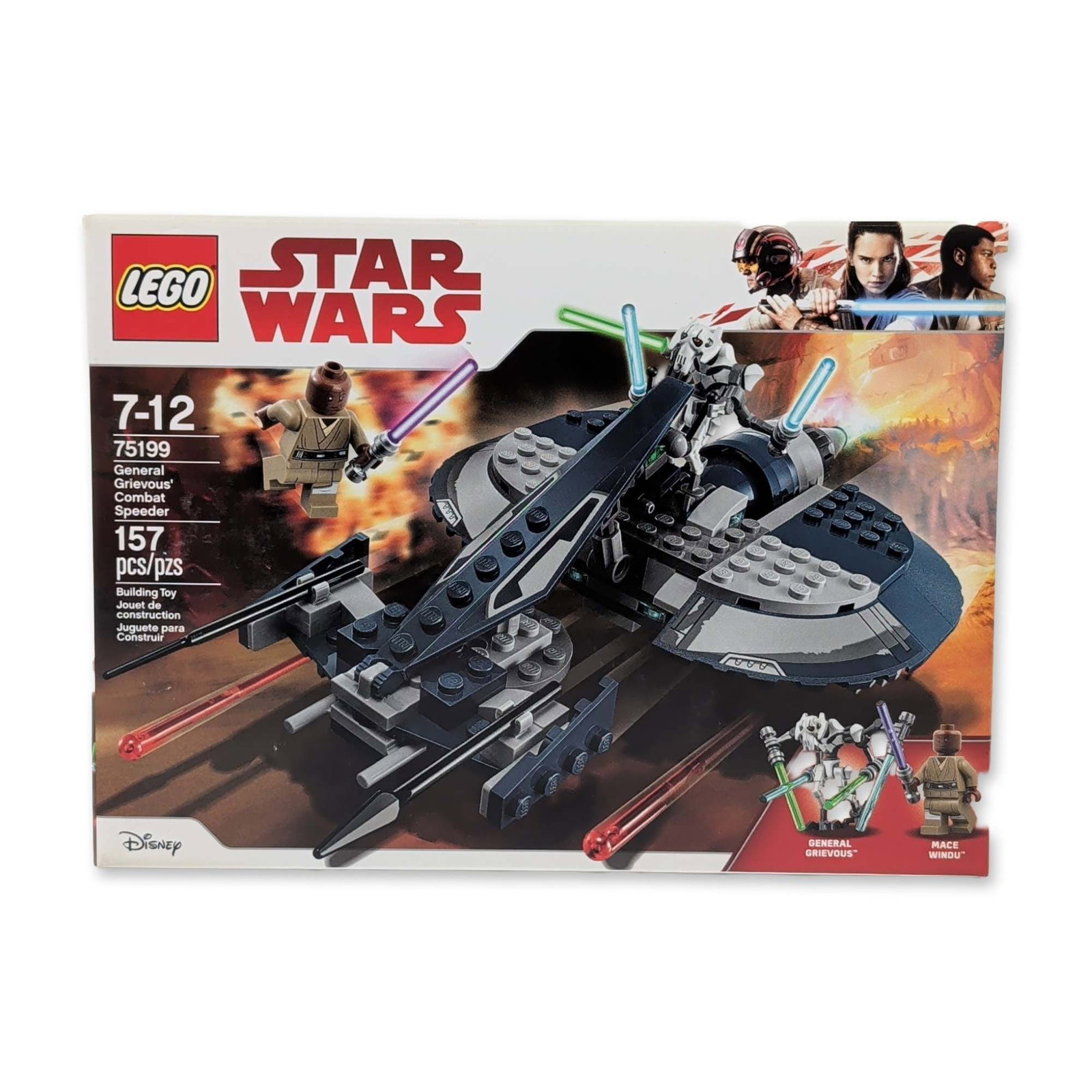 LEGO Star Wars 75199 General Grievous Combat Speeder: LEGO Star Wars construction building set in plastic components, featuring General Grievous Combat Speeder. Includes two minifigures, Mace Windu and General Grievous, with lightsaber accessories. The