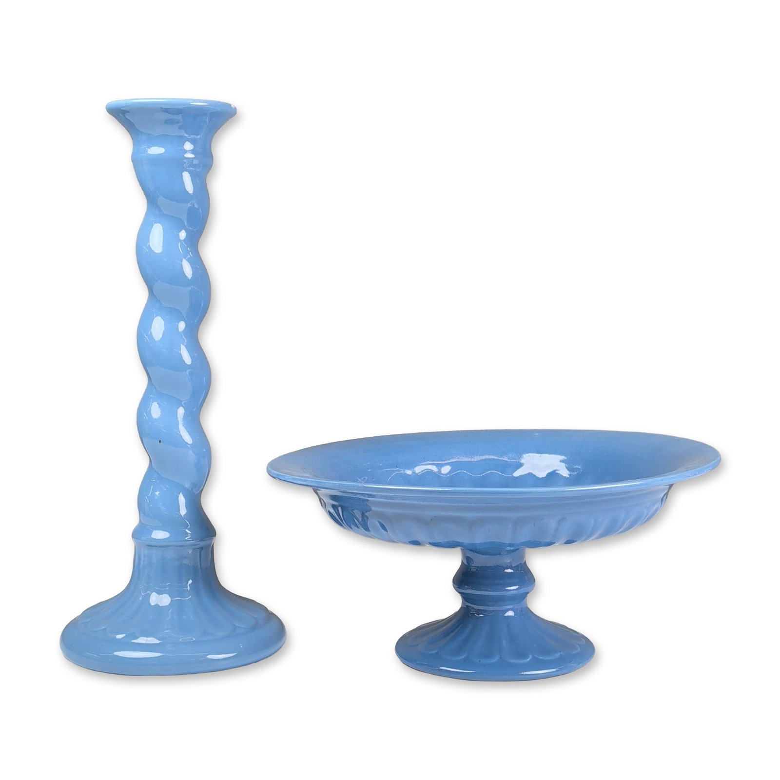 2pc Aqua Blue Compote Dish and Candlestick Holder: Grouping includes a pedestal bowl and a twisted candlestick holder. The pedestal bowl features a flared rim with tapered stem and flared base. Both pieces are supported by matching tiered, fluted