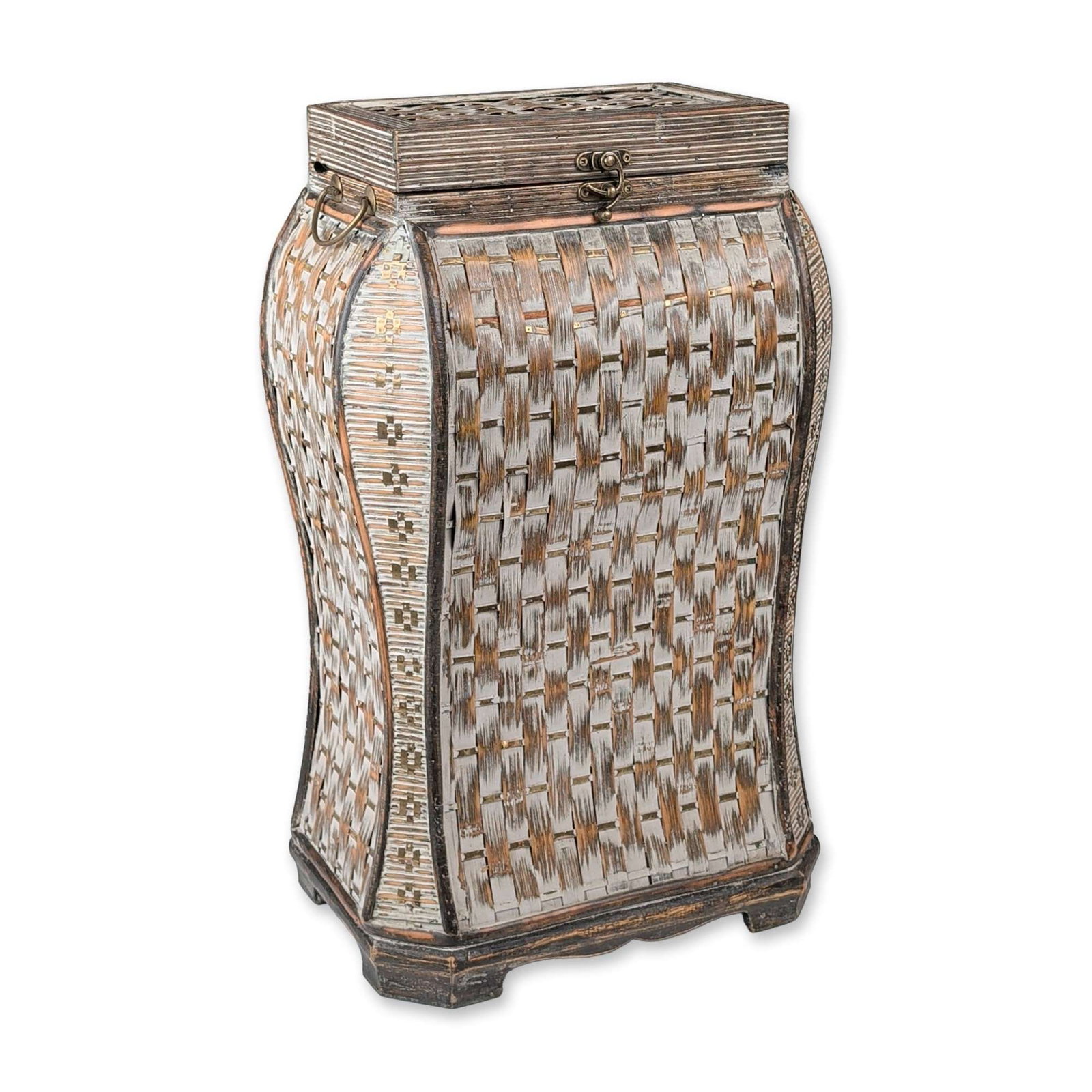 Wooven Storage Chest: Decorative waisted box in wood with a distressed faux-basketweave finish in white and grey over a brown base. The rectangular vessel is constructed with dark-stained edges and fitted with brass-tone h