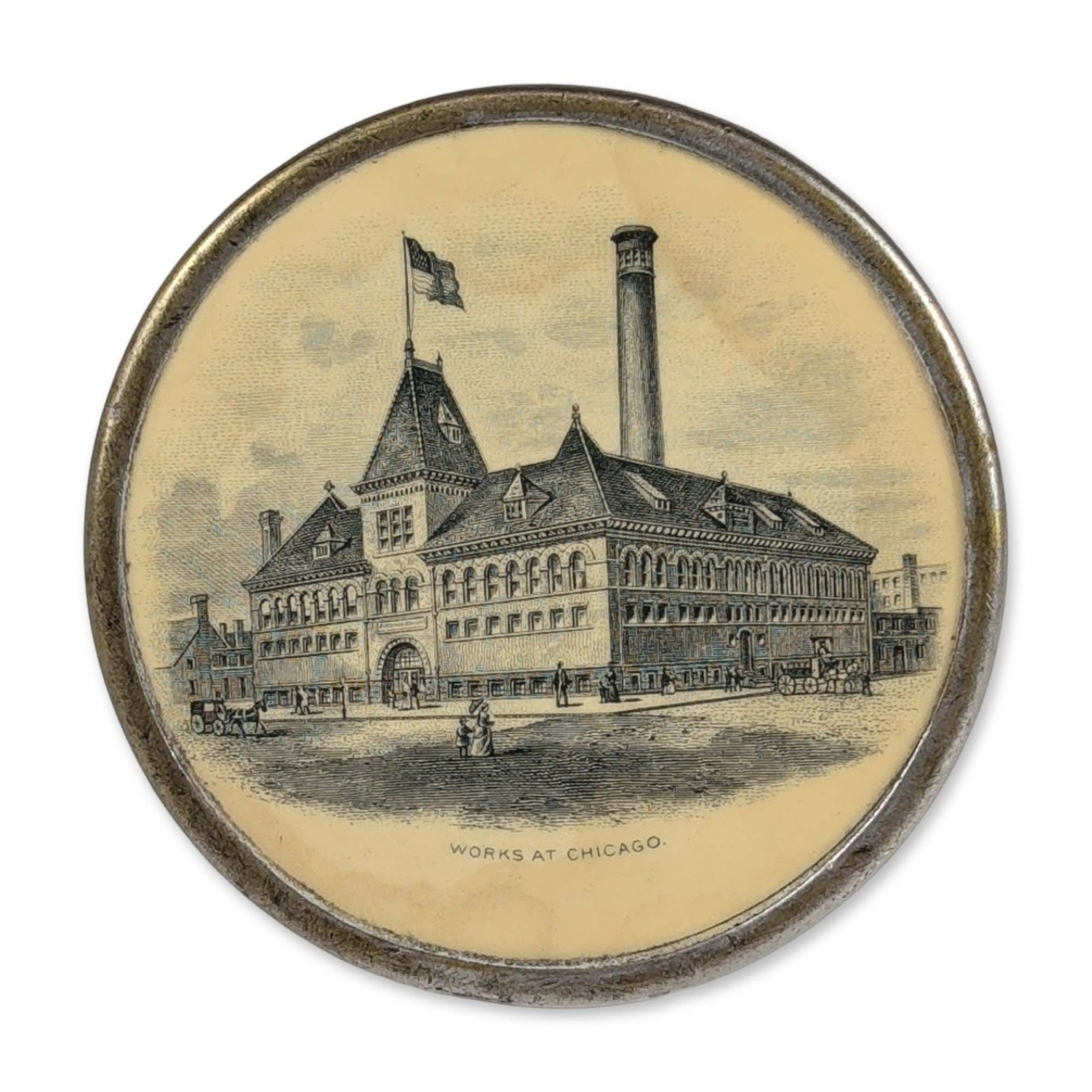 Murphy Varnish Co. Advertising Paperweight: Late 19th to early 20th-century advertising paperweight produced for the Murphy Varnish Company. The circular metal-rimmed object features two printed paper inserts protected by a clear cover. The