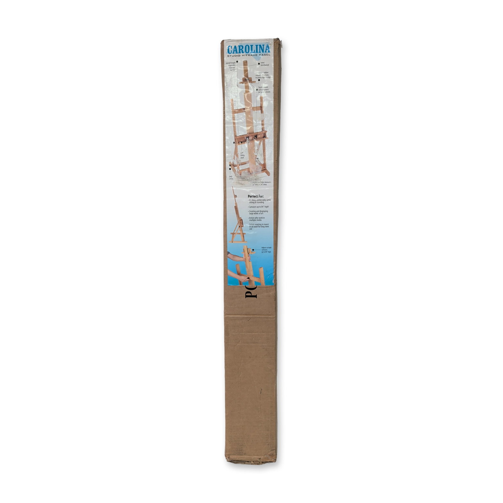Carolina Studio H-Frame Beechwood Easel: Carolina studio H-frame easel in oiled beechwood, featuring an adjustable height design and sturdy quad-base construction. Includes a utility shelf and canvas holders with panel grooves. Retail