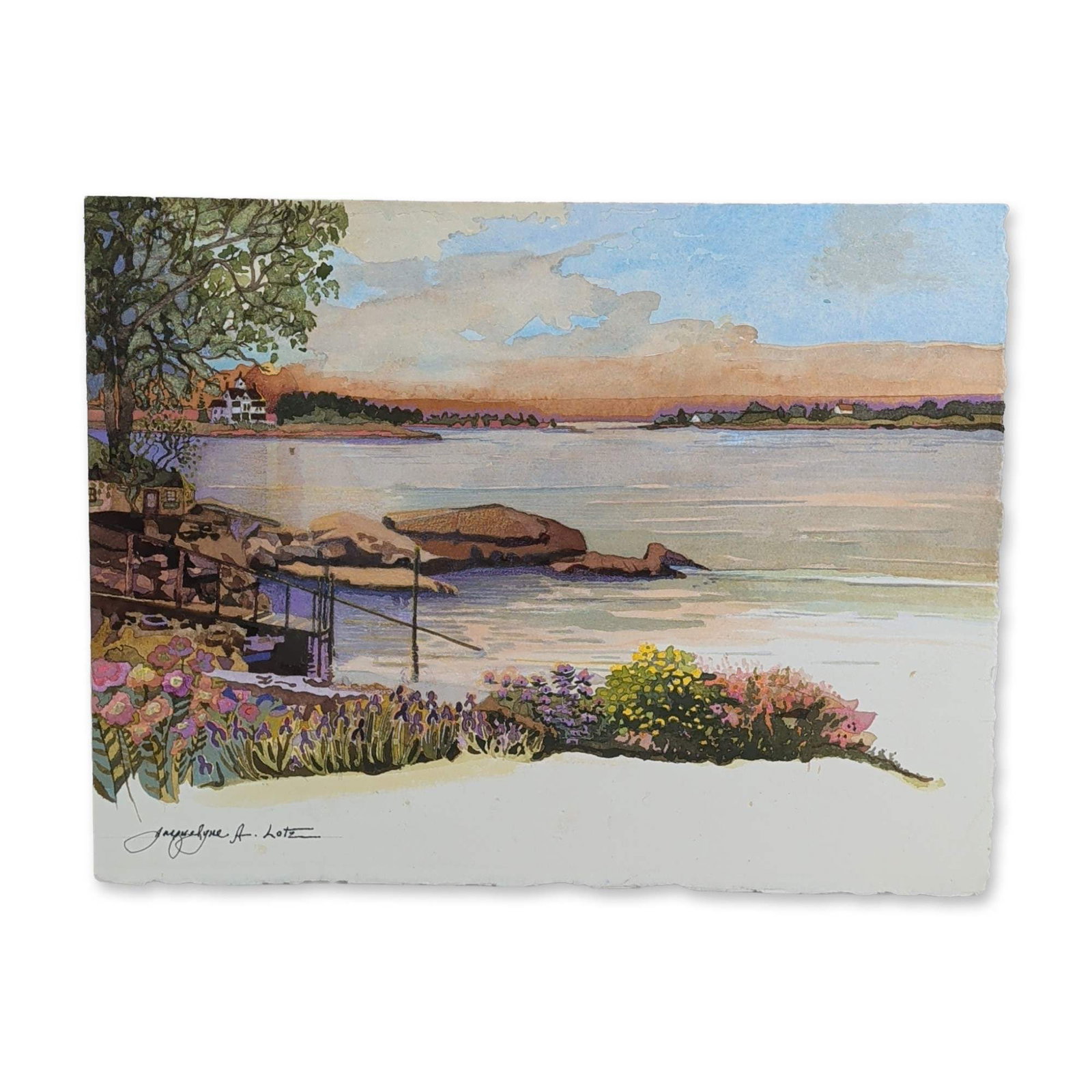Jacquelyne A. Lotz (American, b. 1935) Original Watercolor on Paper, Lakeside Landscape, Signed: Shoreline landscape. Watercolor, gouache, and ink on heavy, textured cream paper with a deckled edge, depicting a tranquil lakeside scene with a detailed foreground of colorful irises and wildflowers