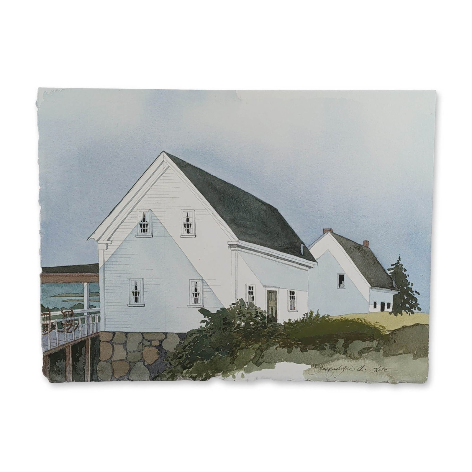 Jacquelyne A. Lotz (American, b. 1935) Original Watercolor on Paper, Saltbox Houses, Signed: Watercolor on heavyweight textured paper with deckled edges. The composition depicts a pair of white saltbox-style houses with multi-pane windows and dark shingled roofs, set alongside a dry-stack