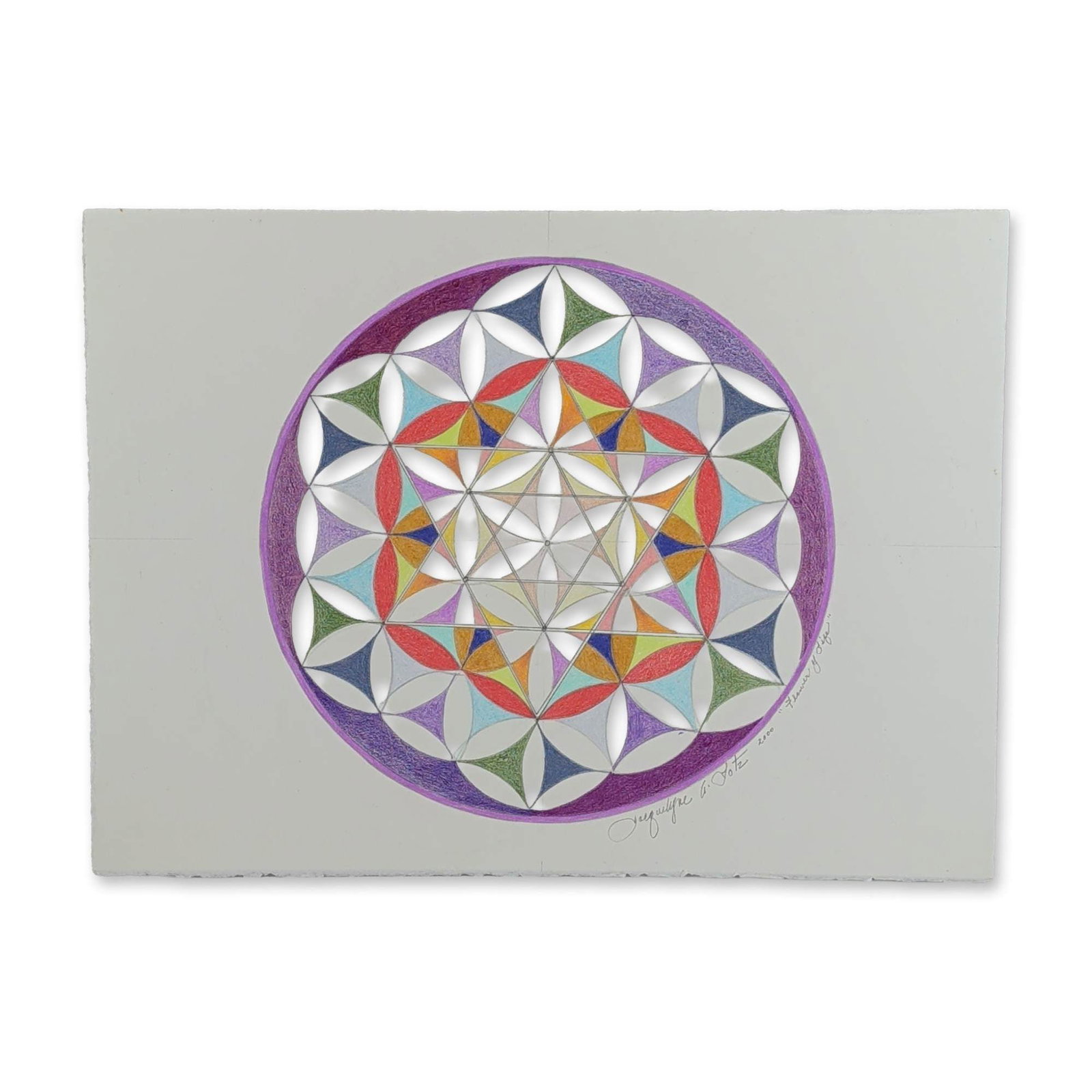 Jacquelyne A. Lotz (American, b. 1935) Original Color Pencil on Paper, Flower of Life, Signed: Jacquelyne A. Lotz, "Flower of Life" in colored pencil on paper, featuring a complex sacred geometry mandala design. The composition centers on a multi-colored Flower of Life motif overlaid with a