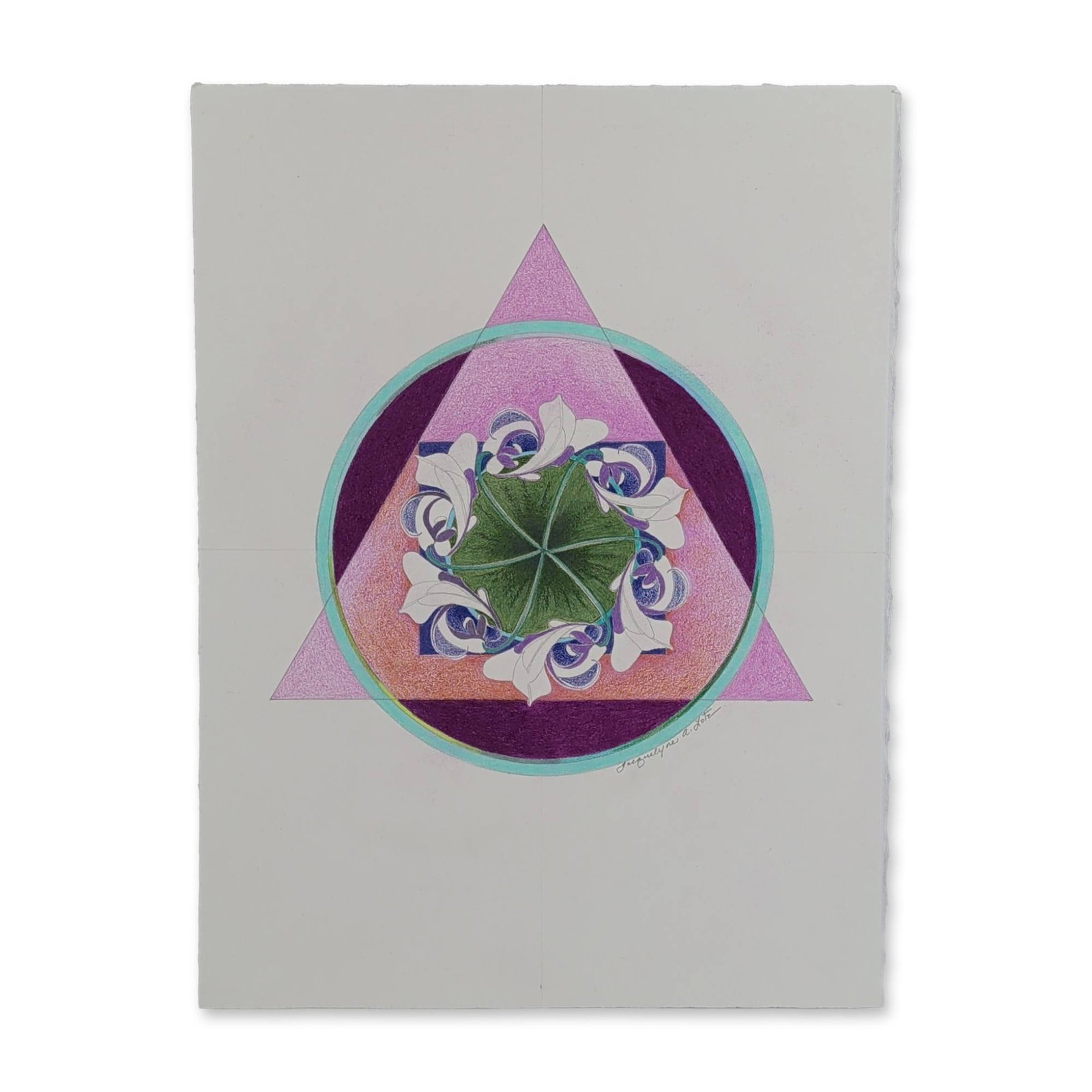 Jacquelyne A. Lotz (American, b. 1935) Original Colored Pencil on Paper, Signed: Botanical mandala drawing in colored pencil on heavy white wove paper with deckled edges. The geometric composition features a central five-pointed green leaf form enclosed by stylized white and