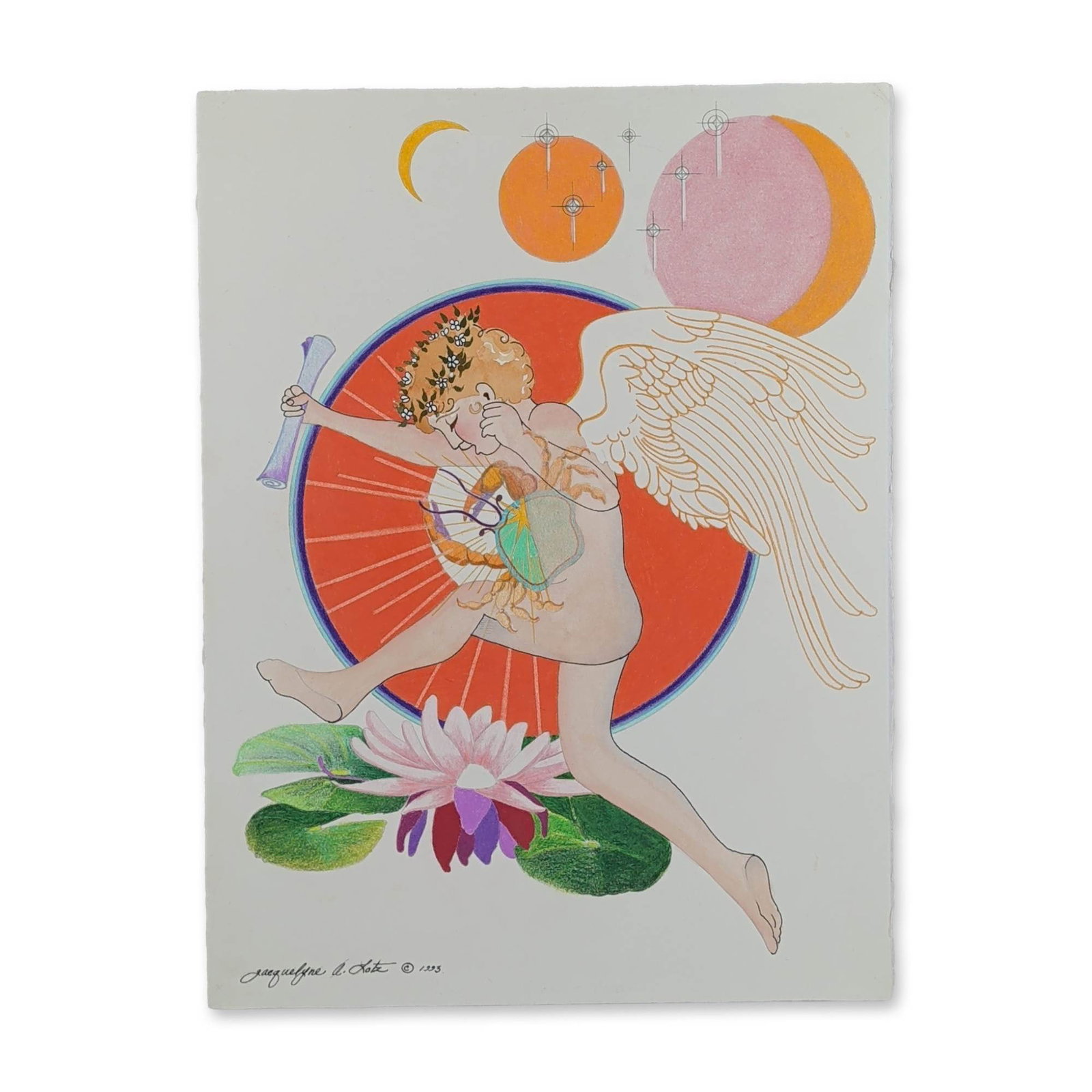 Jacquelyne A. Lotz (American, b. 1935) Original Mixed Media on Paper, Signed: Surrealist illustration executed in pen and colored pencil on heavy wove paper with deckled edges. The composition features a winged angelic figure wearing a crown of white flowers and holding a