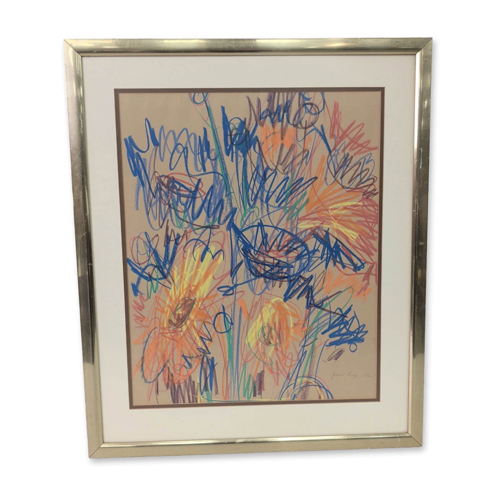 Juliet Rago (American 1927-2024) Oil Pastel on Paper, Abstract Composition, Signed & Dated: Juliet Rago original drawing in oil pastel on tan paper, featuring an energetic abstract composition characterized by gestural strokes in a palette of bright blue, orange, yellow, and deep purple. Sig