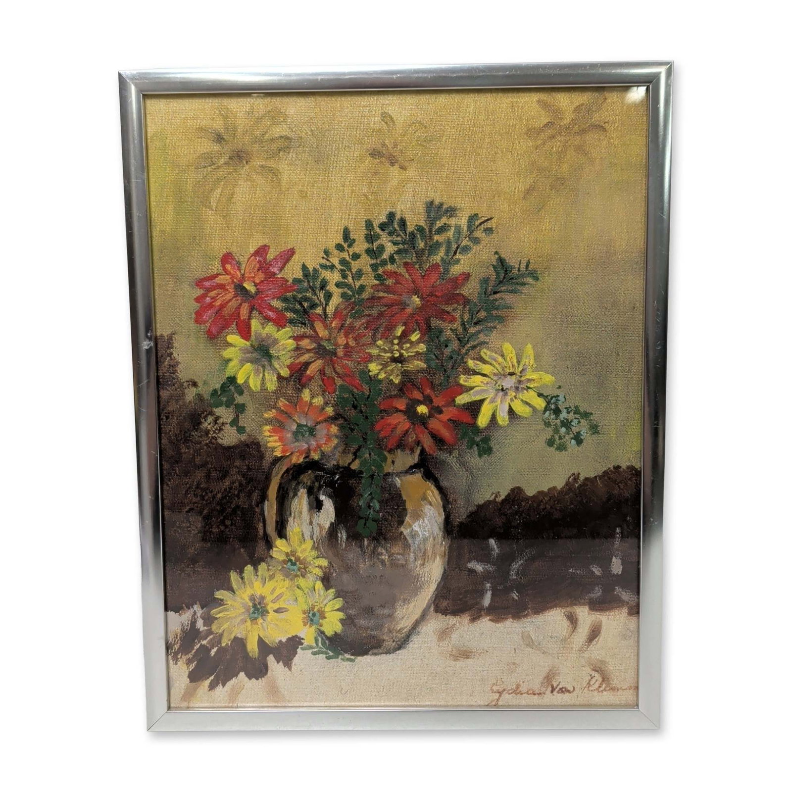 Lydia von Rhemen (20th century) Oil on Canvas Board, Floral Still Life, Signed: Still life oil on board depicting a vibrant bouquet of red, yellow, and orange flowers arranged in a dark-toned ceramic jug. The work features an expressive, impressionistic style characterized by