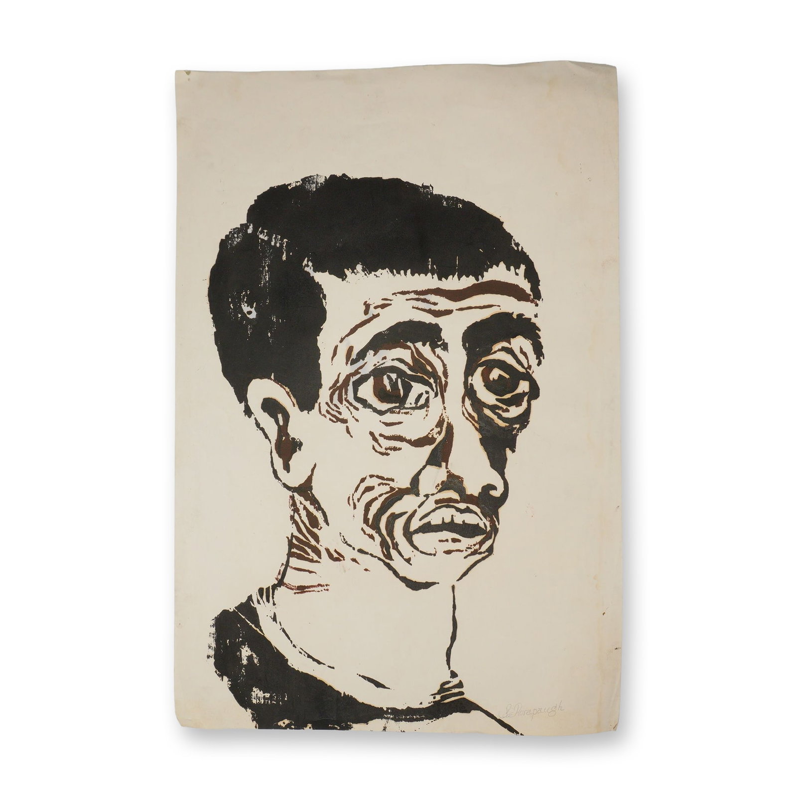 Mid-Century Obscure Portrait on Paper, Signed Rorapaugh: Obscure mid-century expressionist original studio artwork on paper signed in pencil by artist Rorapaugh (unlisted). The work features an intensely raw, psychological portrait of a man rendered in
