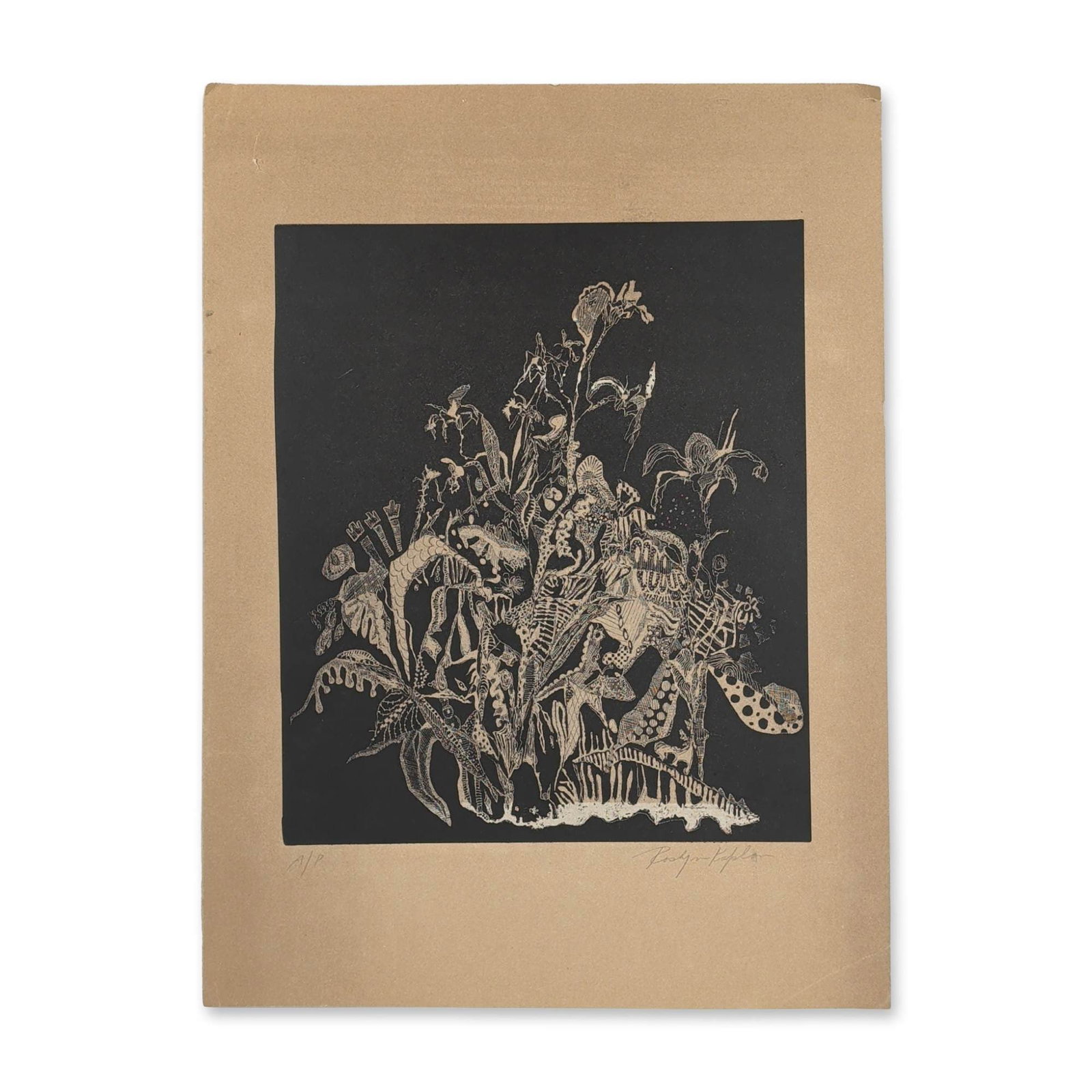 Roslyn Kaplan, Wood Carving Ink Print on Paper: The print features a dense and intricate arrangement of intertwined organic, botanical, and skeletal forms, incorporating various patterns such as polka dots and fine cross-hatching, all set against a