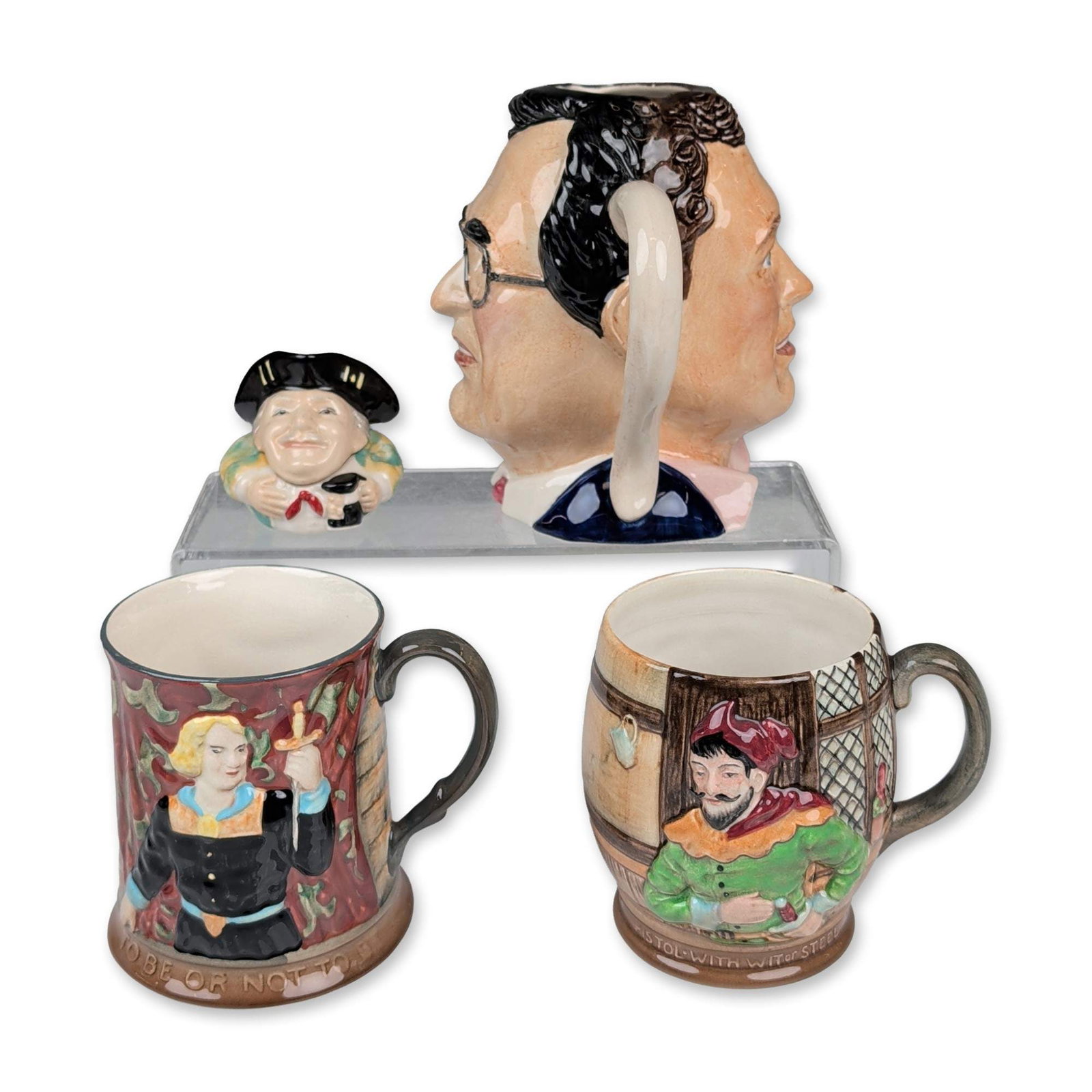 5pc Kevin Francis and Beswick English Jugs and Face Pot: Kevin Francis and Beswick. Group of five character jugs and lidded pots in hand-painted glazed ceramic. Features a large scale character jug of comedian Eric Morecambe by Kevin Francis, modeled by And