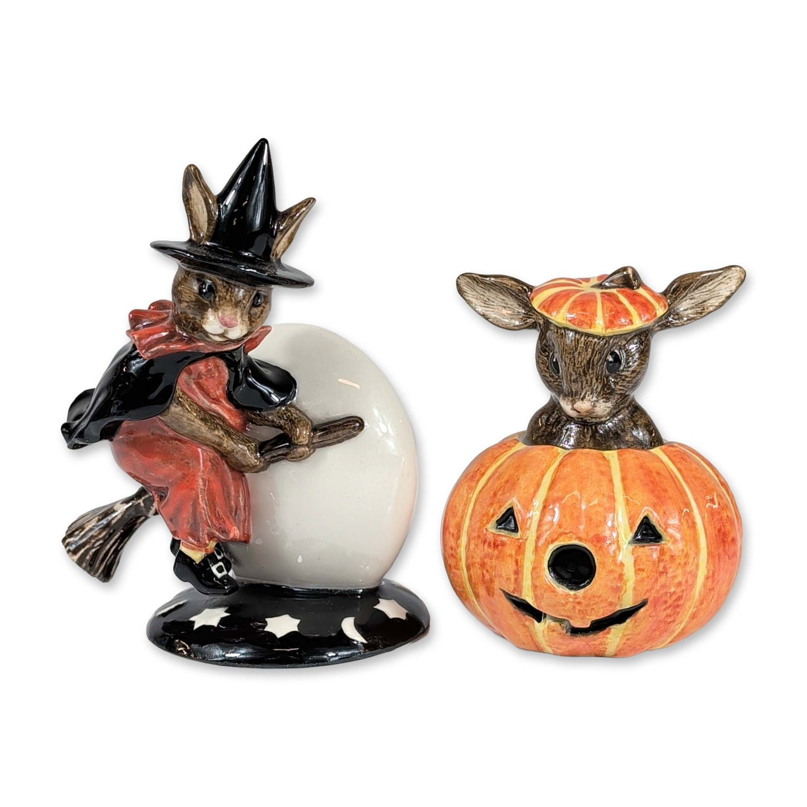 Pair of Royal Doulton Bunnykins Halloween Figurines: Royal Doulton. Pair of polychrome glazed ceramic figurines from the Bunnykins series. The grouping includes Halloween Bunnykins (DB 132), copyright 1993, depicting a rabbit wearing a pumpkin hat and e