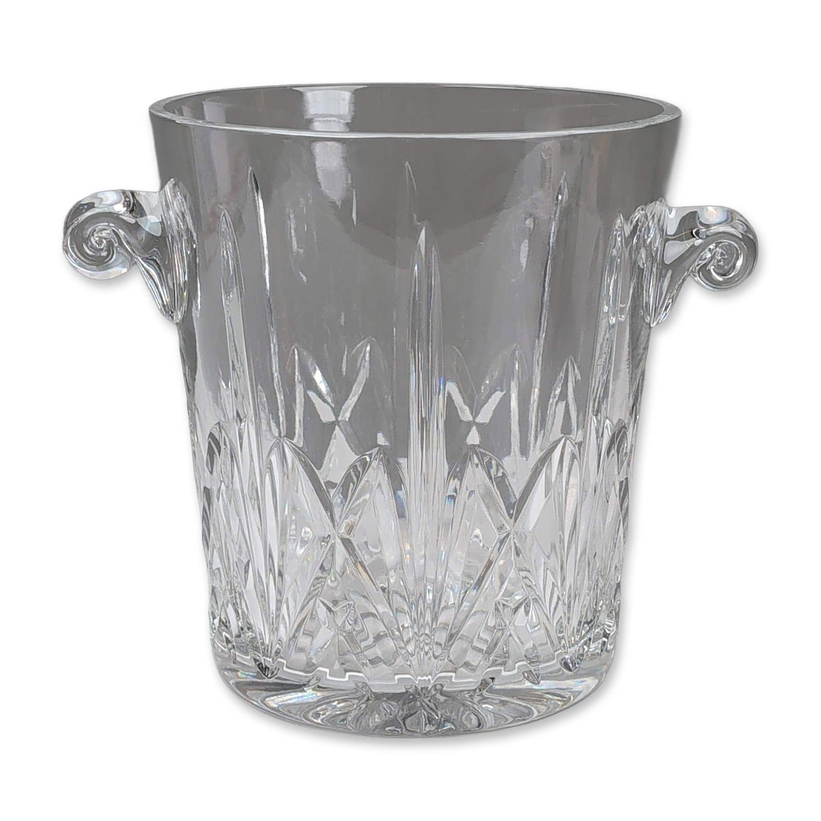 Marquis by Waterford Ice Bucket, Brookside: Marquis by Waterford. Ice bucket in Brookside pattern crystal, featuring twin applied scroll handles and a body decorated with vertical fan fluting over a band of cross-hatched diamond cuts. The piece